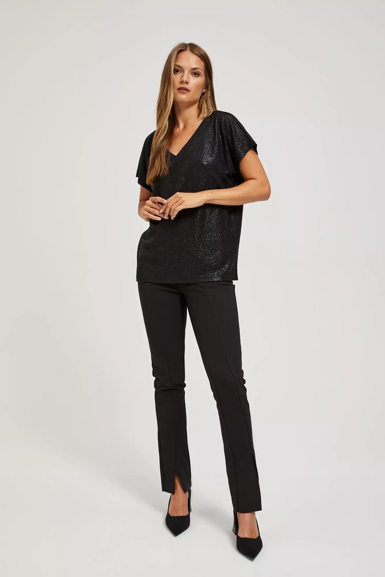 Marisse Elegant V-Neck Blouse Made Of Shiny Black Fabric