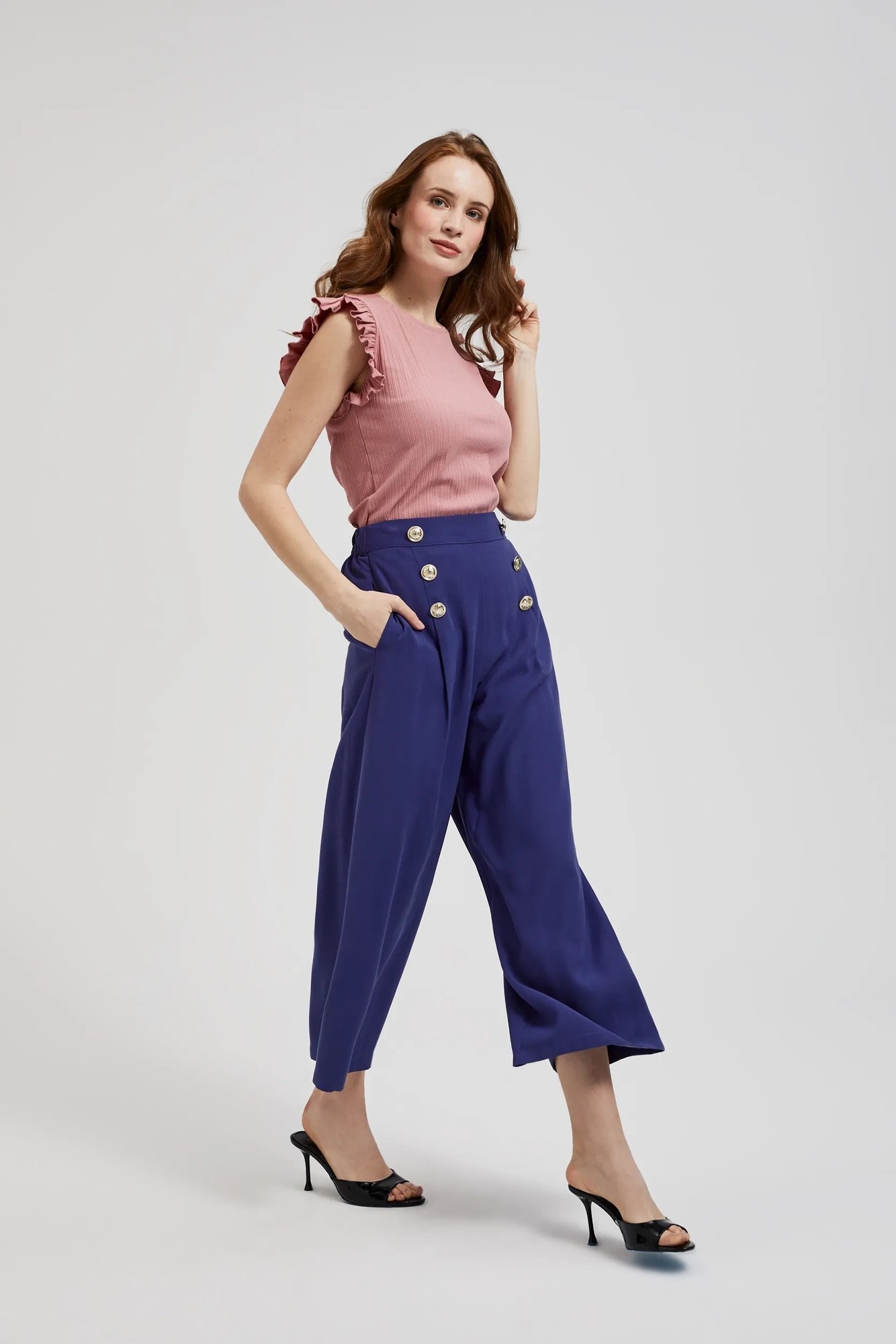 Women's trousers MOODO with decorative buttons - dark blue
