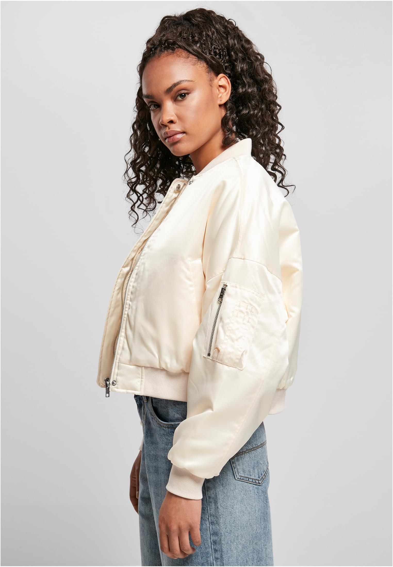 Women's short oversized satin bomber jacket whitesand
