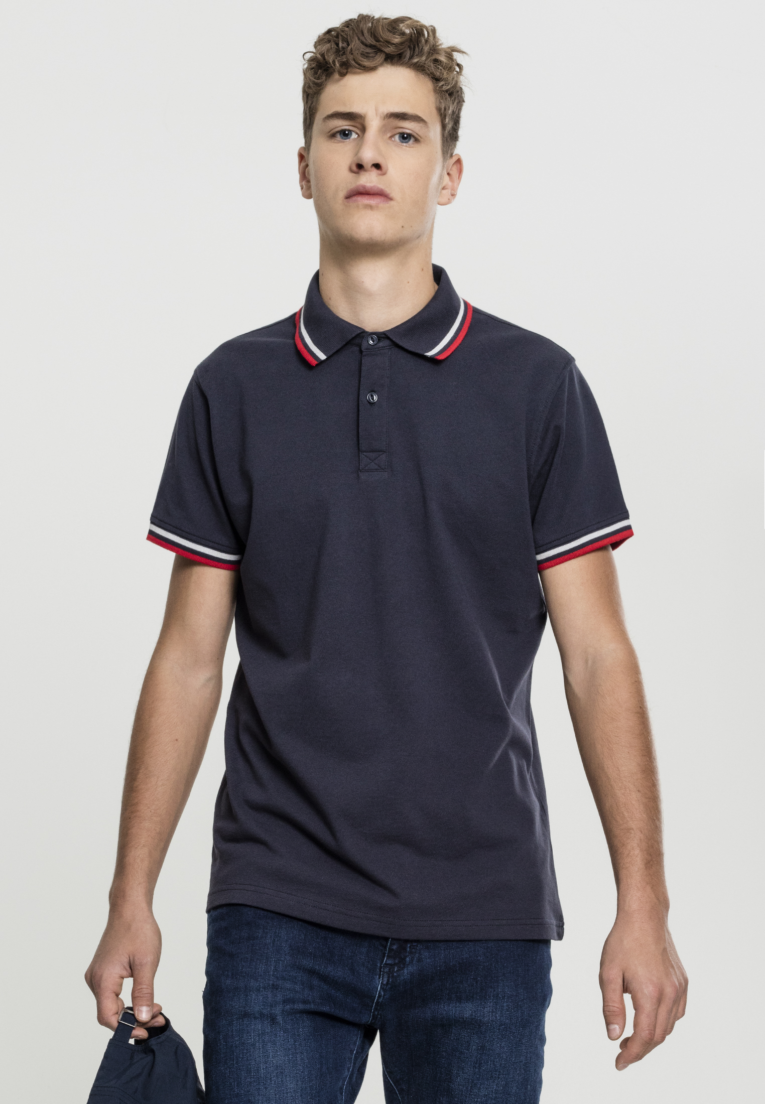 Men's Double Stripe Polo Shirt Navy/Blue/Flame Red