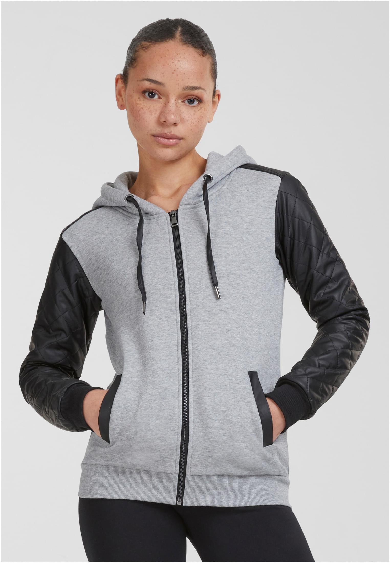 Women's Diamond Sleeve With Zipper Hood Made Of Synthetic Leather Grey/blk