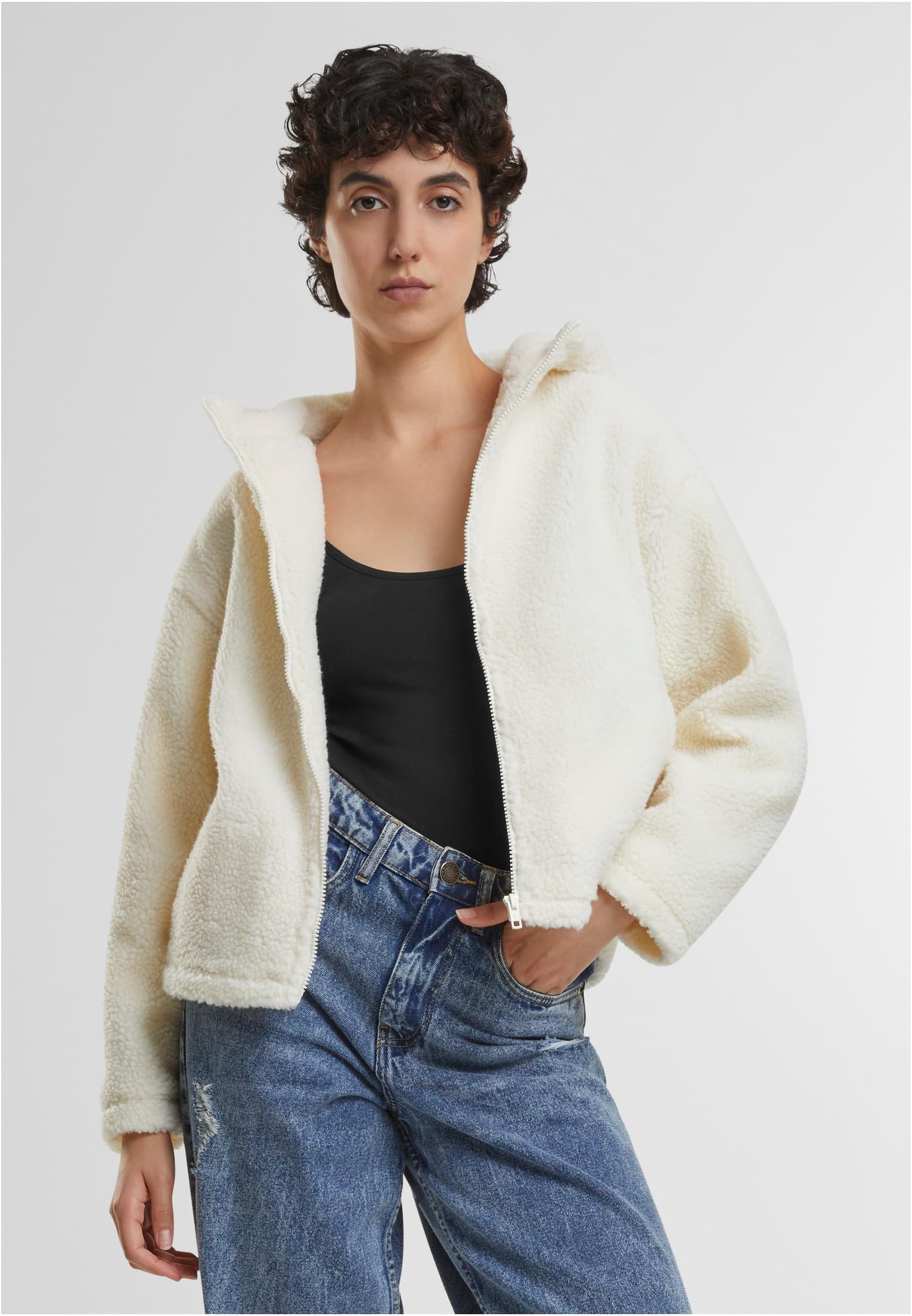 Women&#039;s short jacket with hood Sherpa cream
