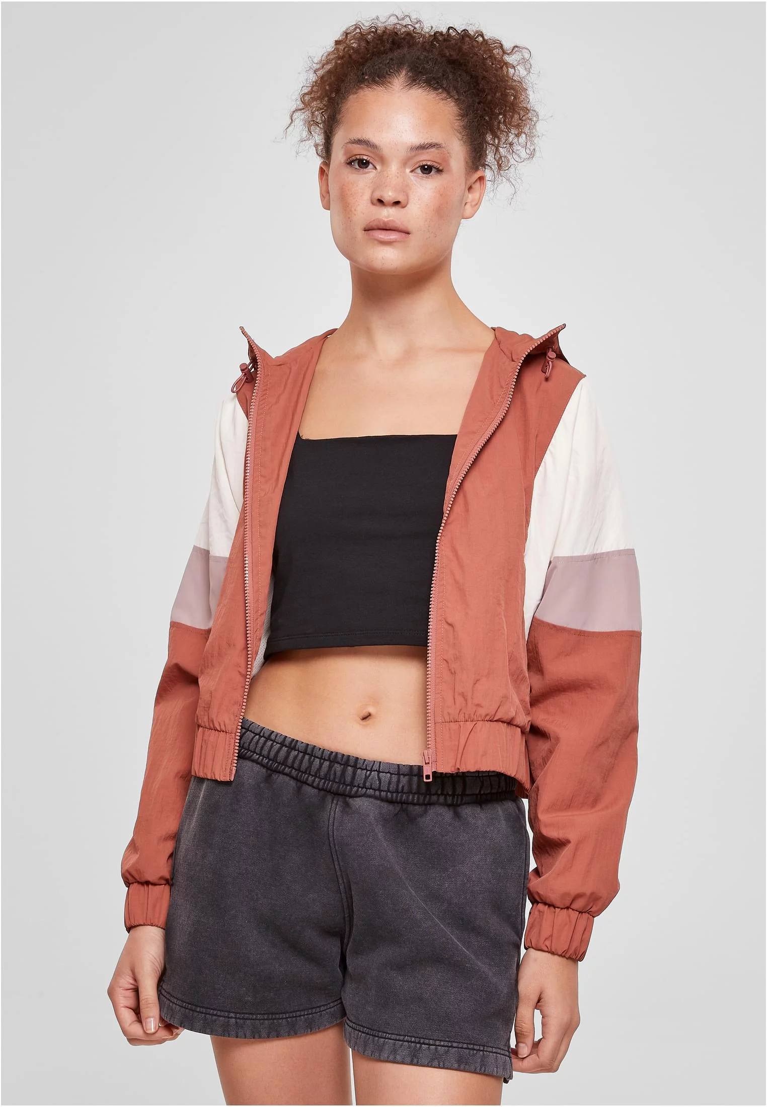 Women&#039;s short 3-color crinkle jacket terracotta/white sand/duskrose