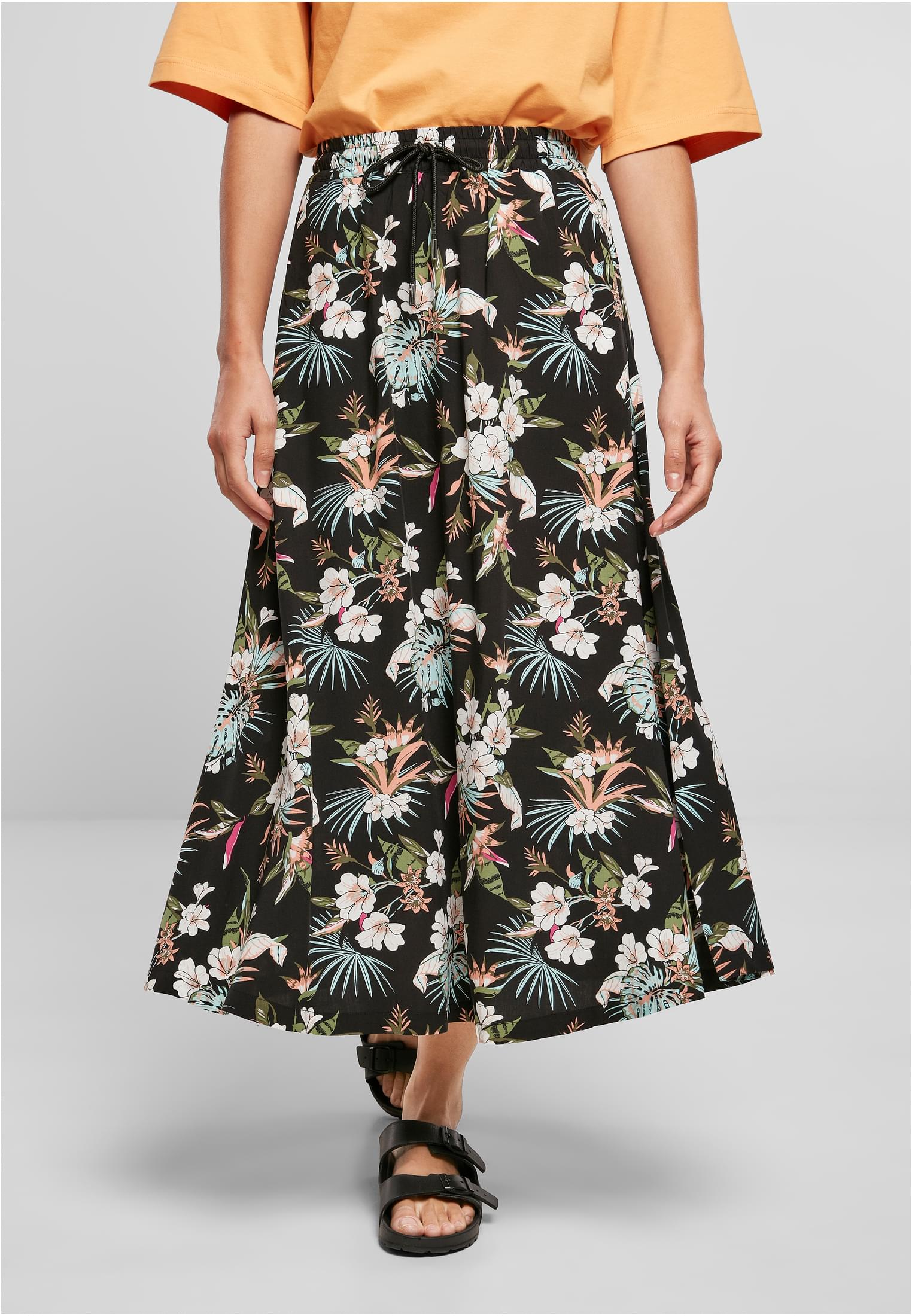 Women&#039;s viscose midi skirt black tropical