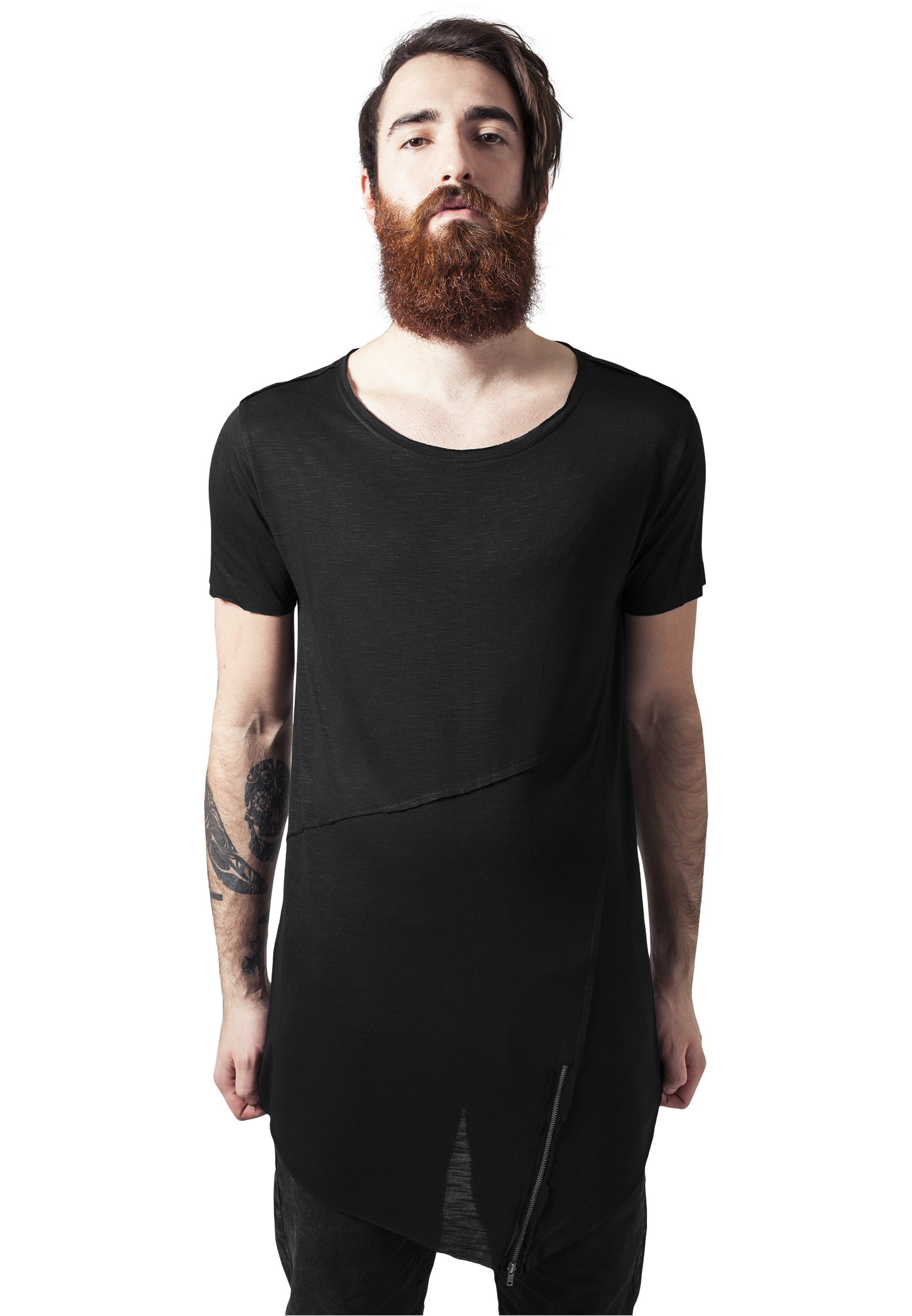 Black T-shirt With A Long Front Zipper With An Open Brim