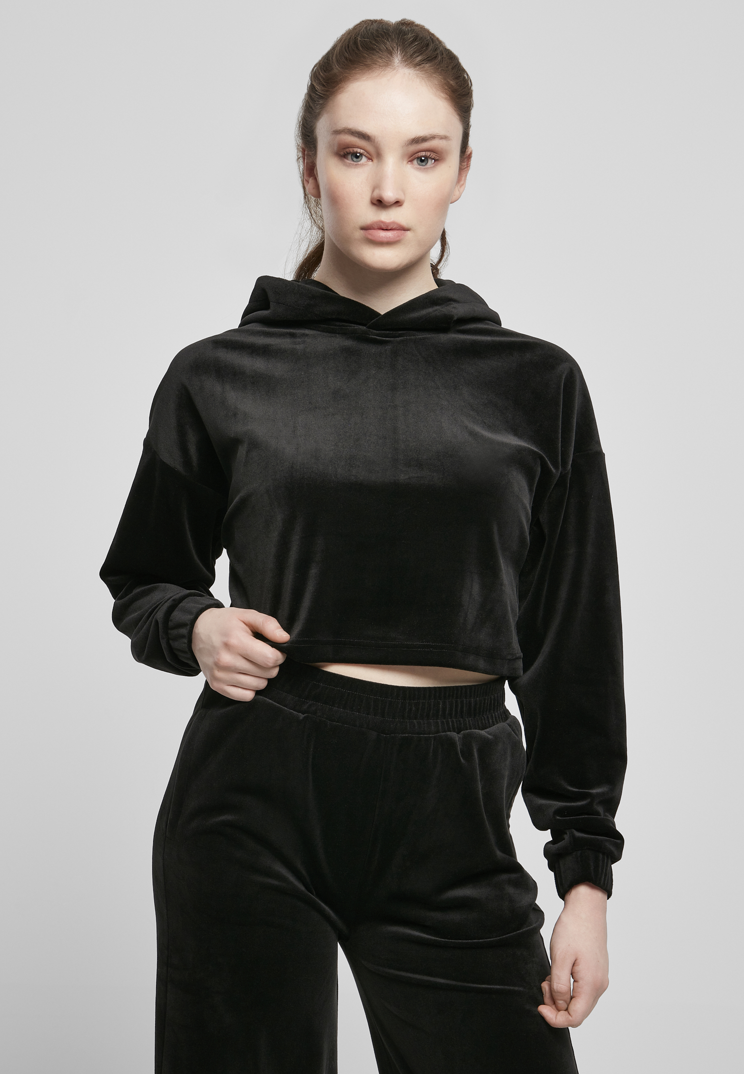 Women&#039;s Cropped Velvet Oversized Hoody Black