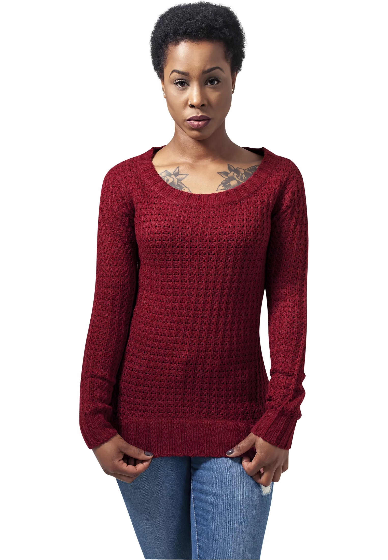 Women&#039;s sweater with a long wide neckline burgundy color
