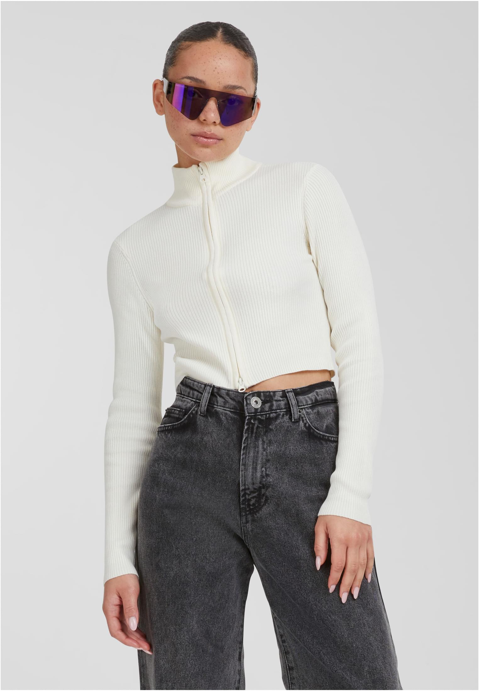Women&#039;s sweater with a zipper with cropped rib knit whitesand