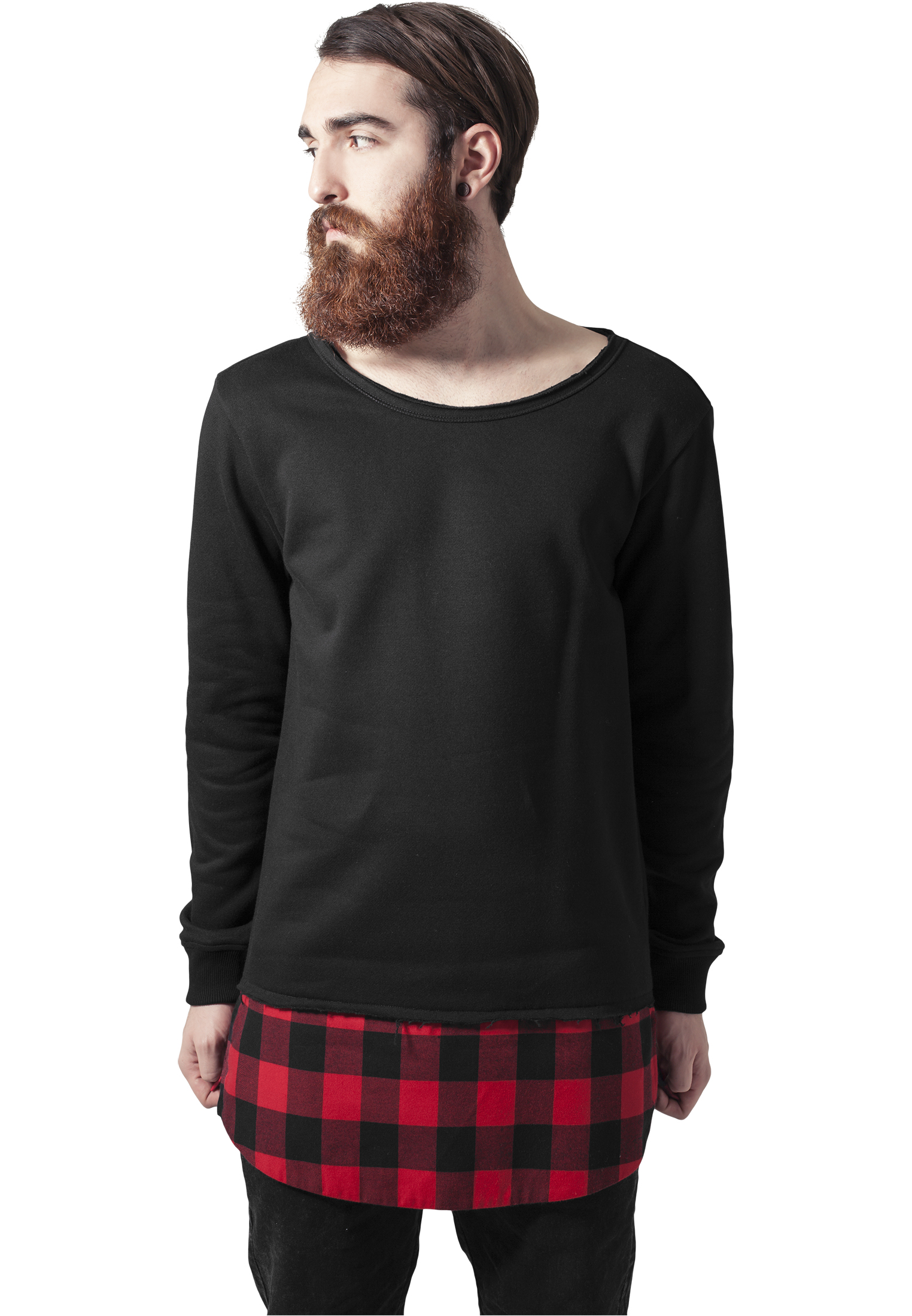 Long Flanell Bottom Open Edge Crewneck blk / blk / rosu
