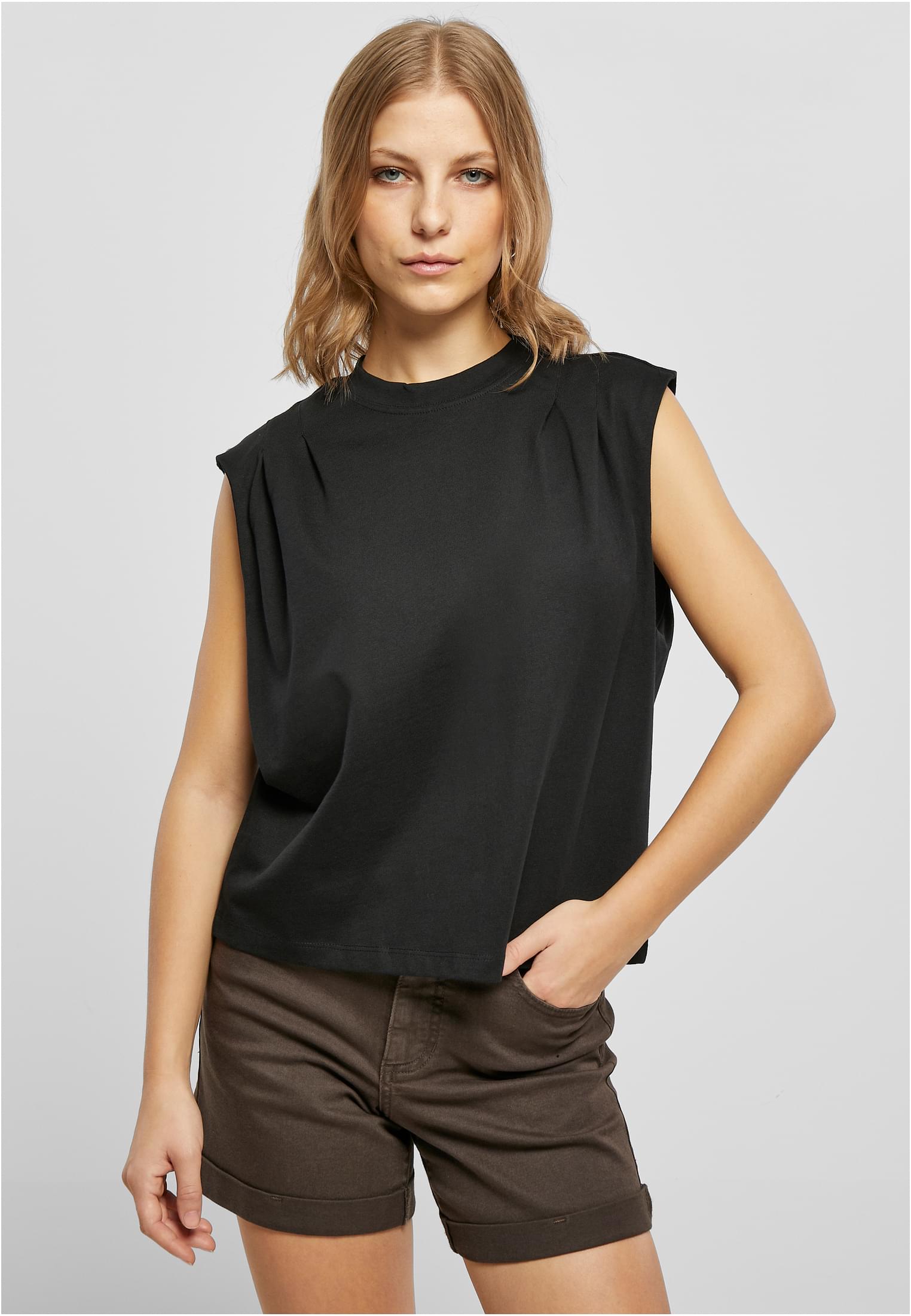 Women&#039;s Organic Top with Heavy Pleated Shoulder in Black