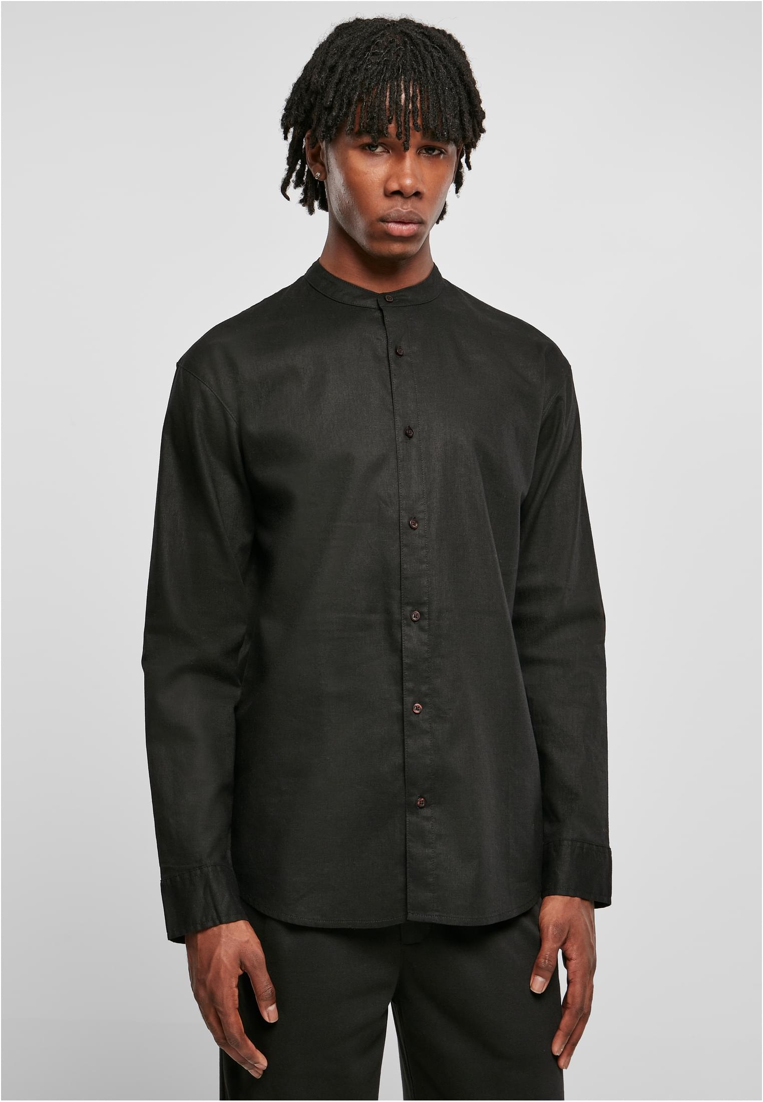 Cotton linen shirt with stand-up collar black