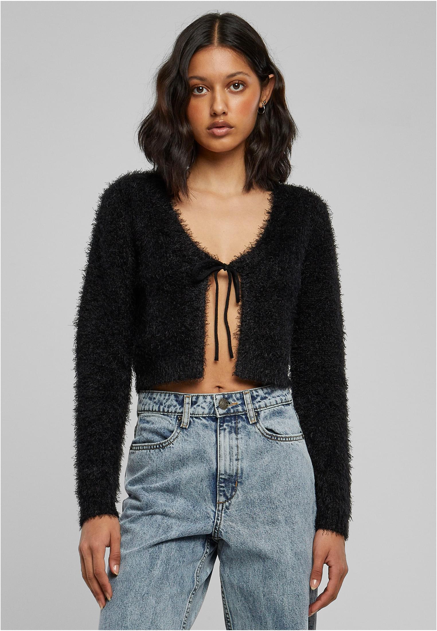 Women&#039;s sweater with tied cropped feathers black