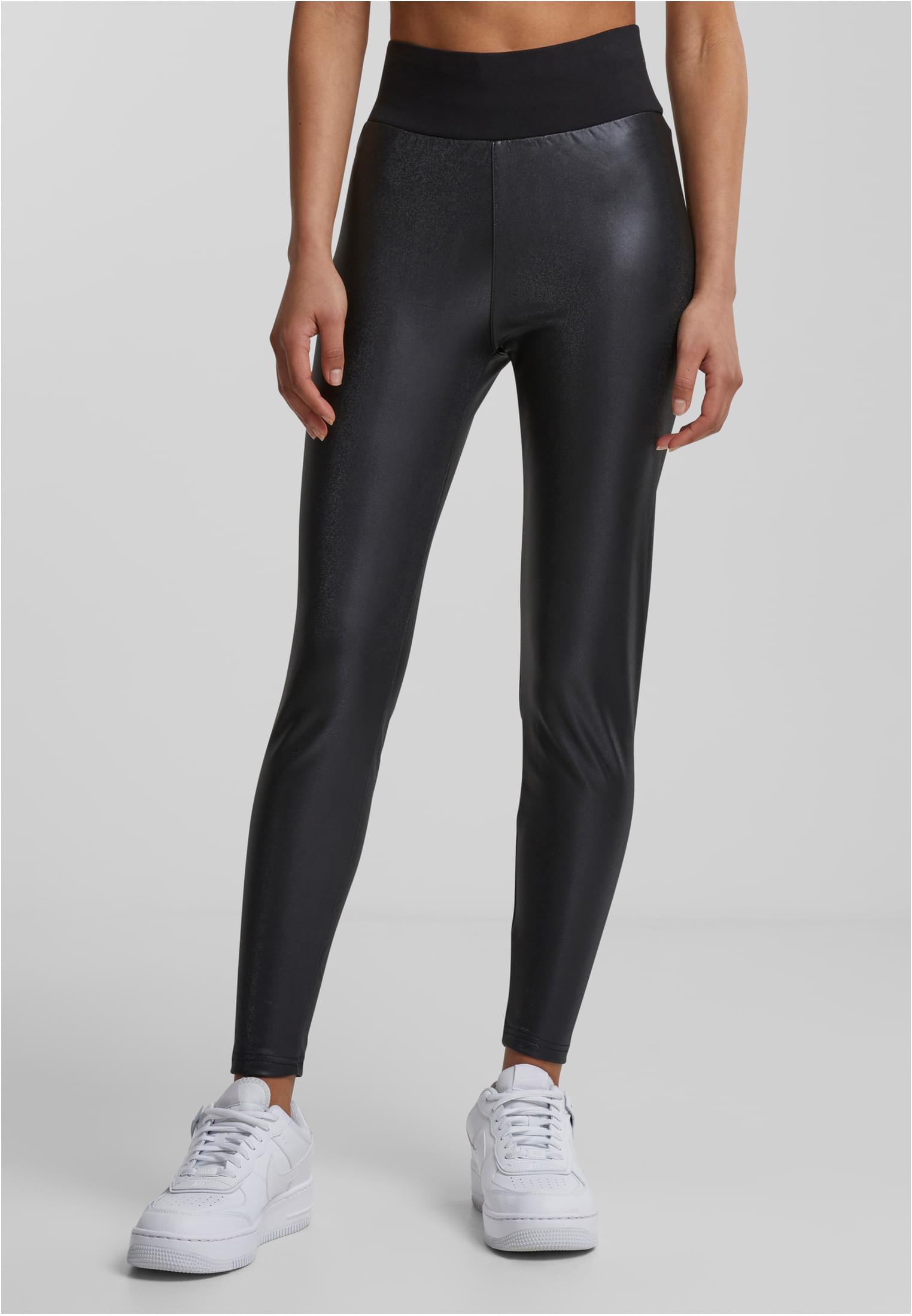 Womens black high-waisted synthetic leather leggings
