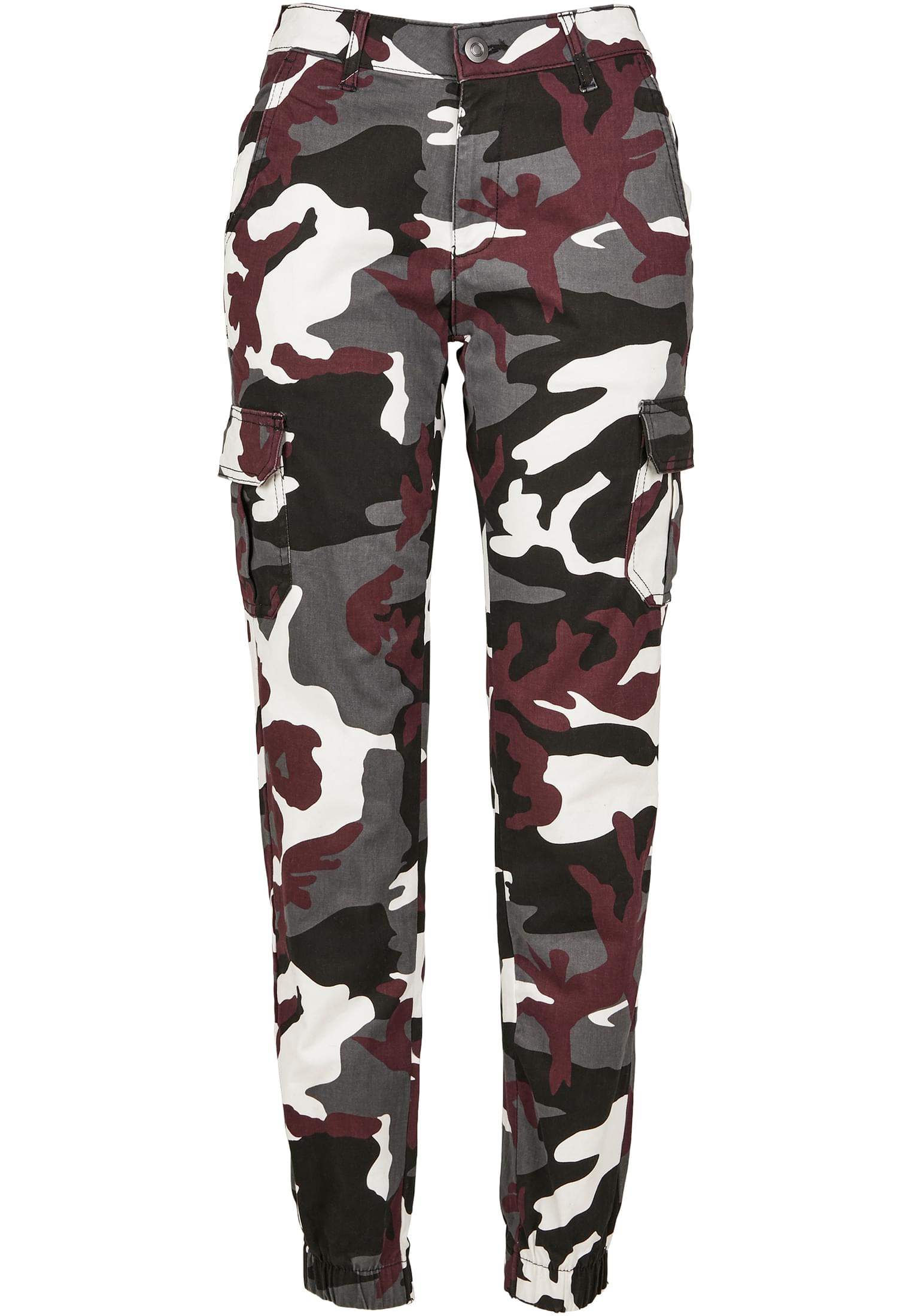 Camo Cargo Women's High Waisted Trousers With Burgundy Mask