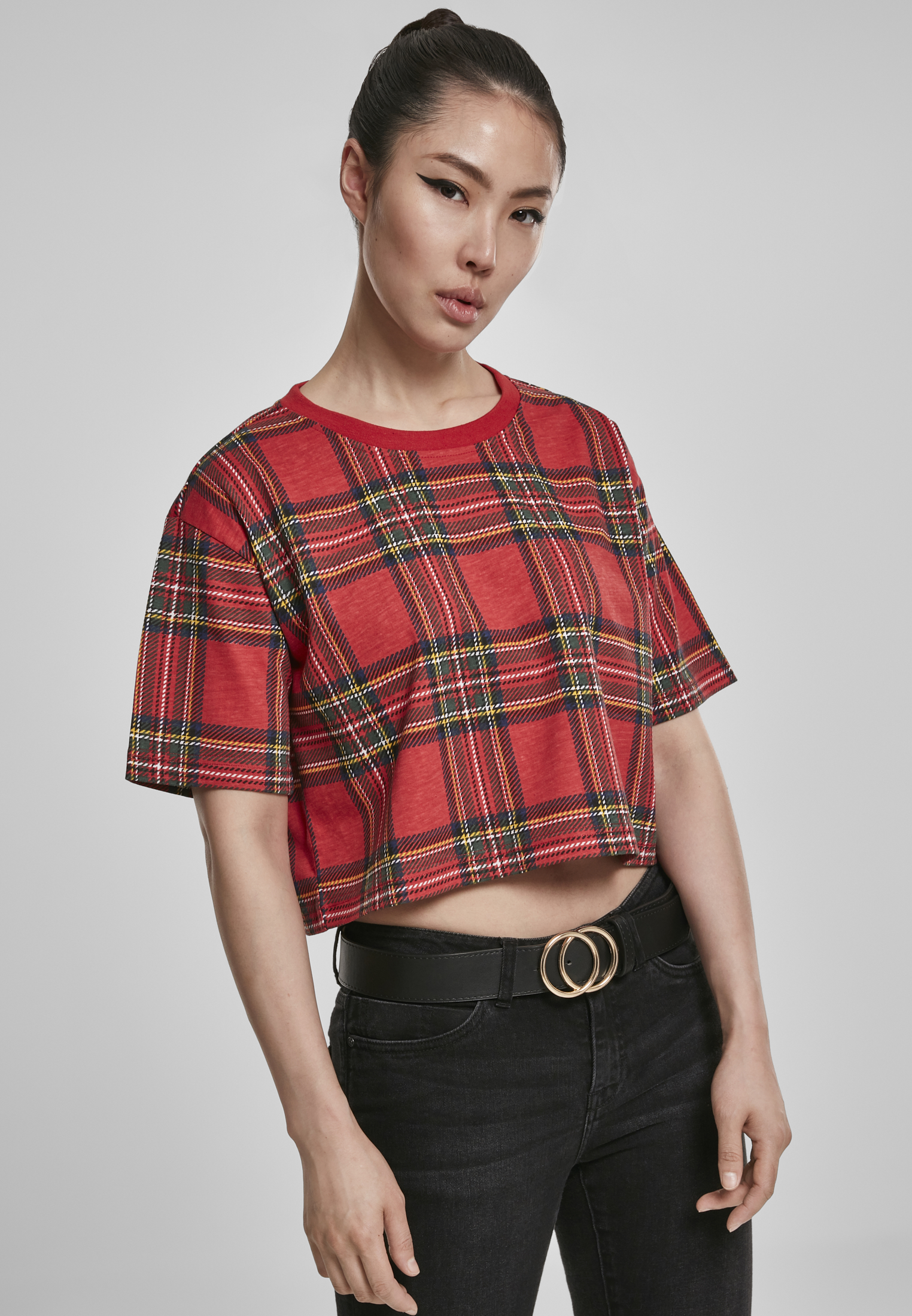 Women's Short Oversized T-shirt AOP Tartan Red/bl