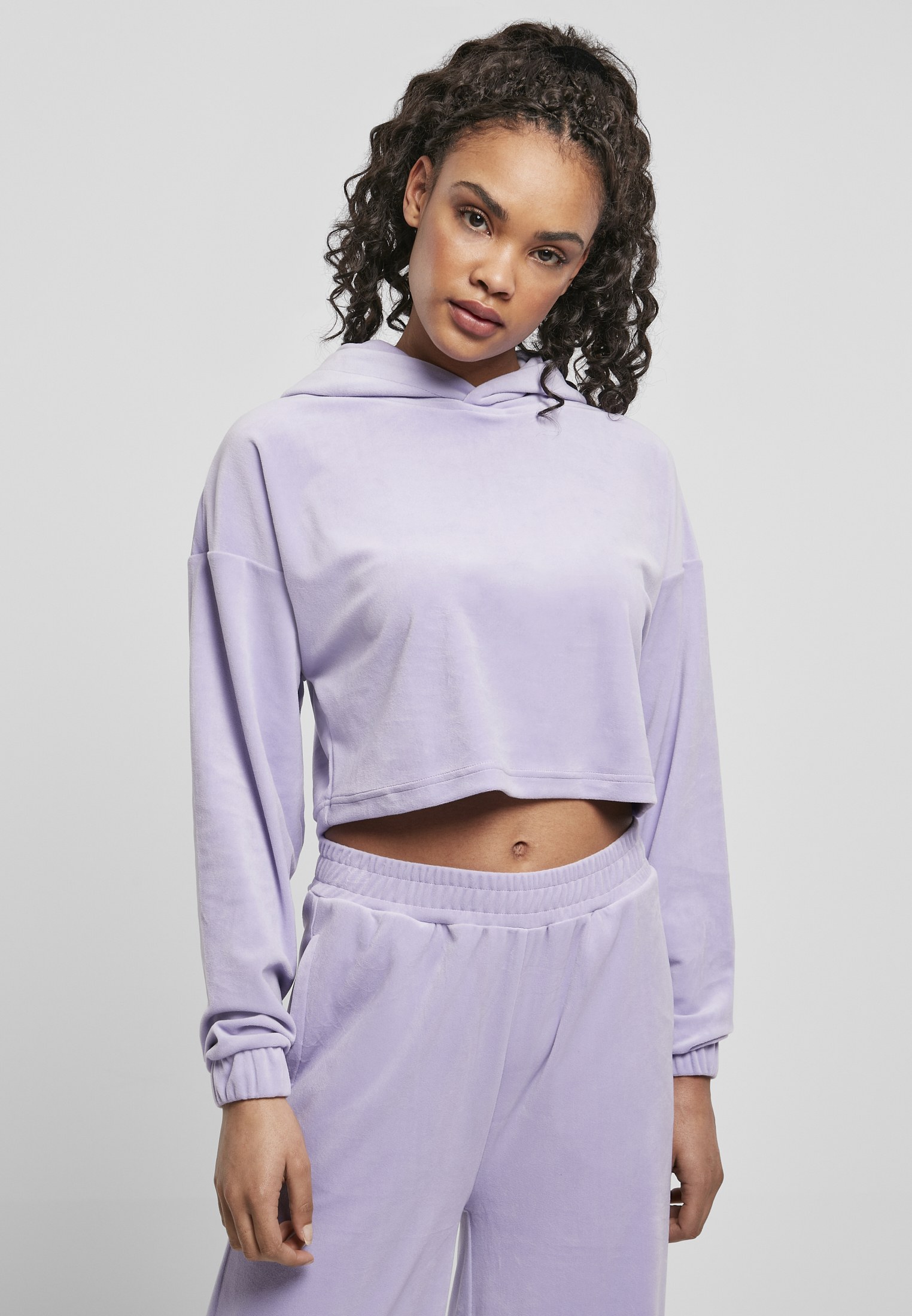 Ladies Cropped Velvet Oversized Hoody Lavender