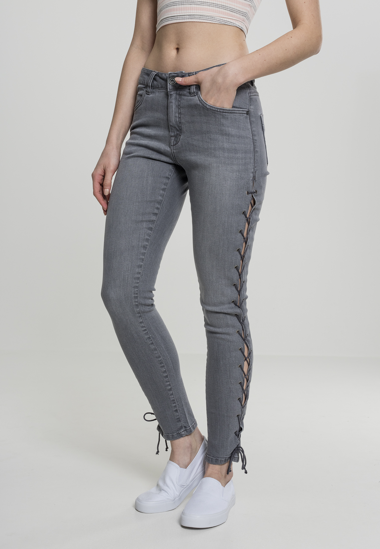 Dámské Džínové Kalhoty Lace Up Skinny - šedé