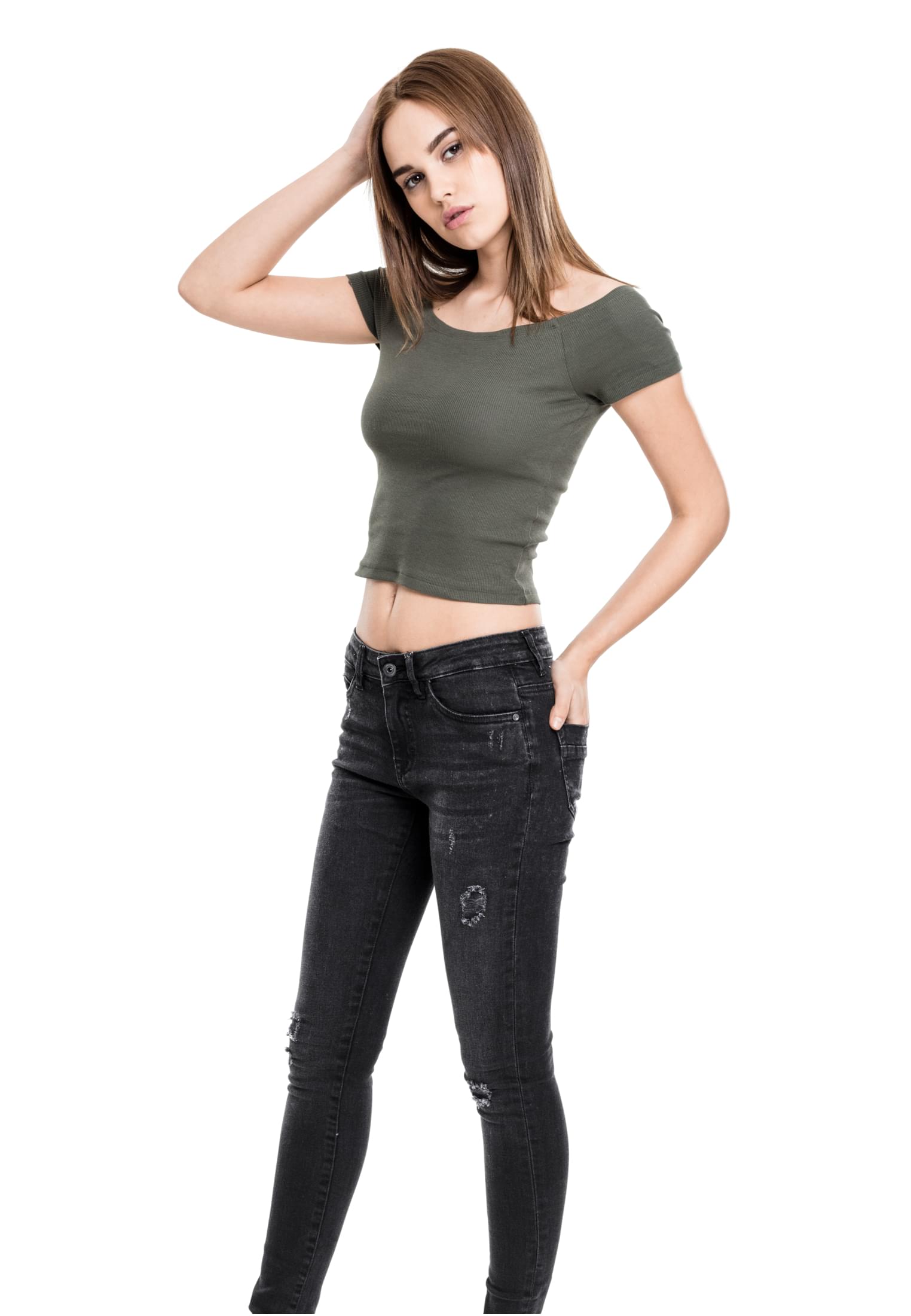 Womens olive T-shirt with ribbed pattern