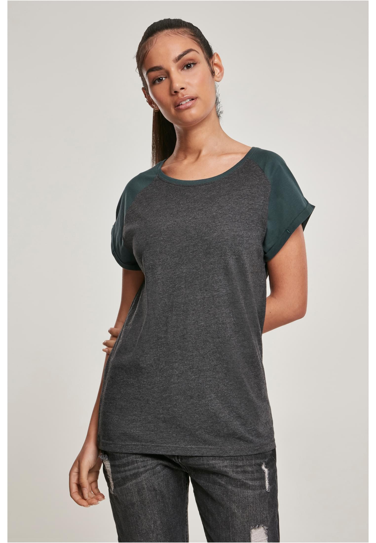 Women's Raglan T-shirt With Contrasting Charcoal/bottlegreen