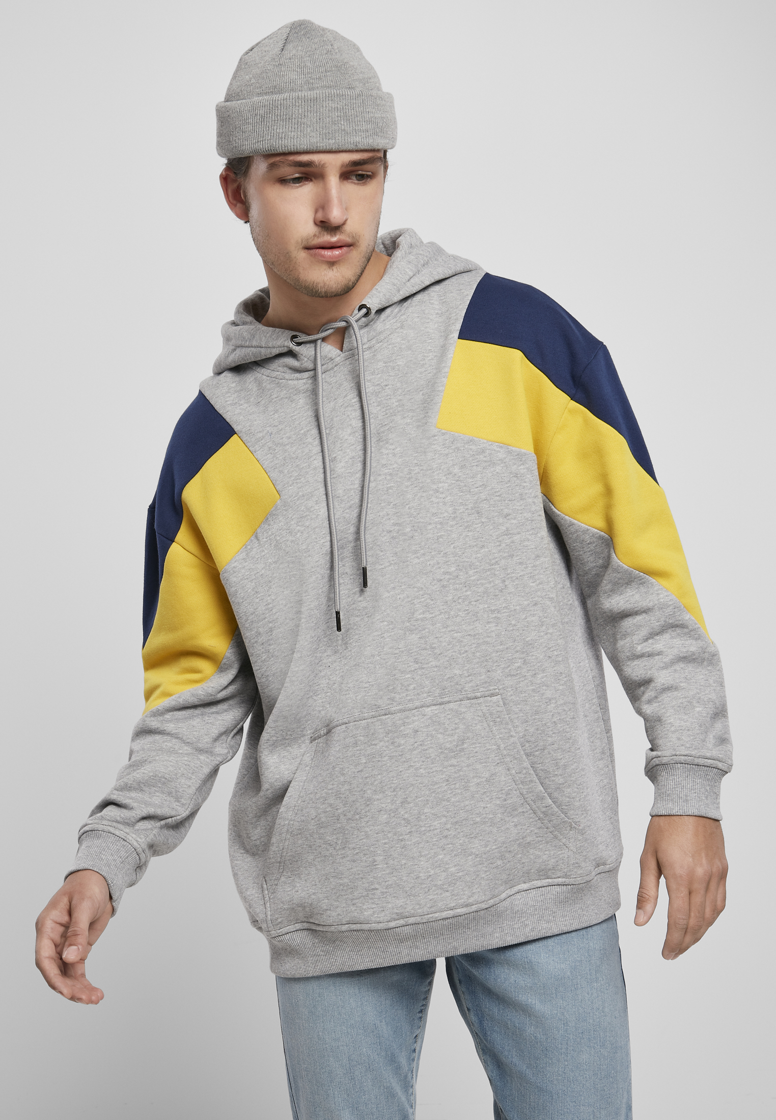 Oversize 3-Tone Hoody šedá/medová/tmavě Modrá