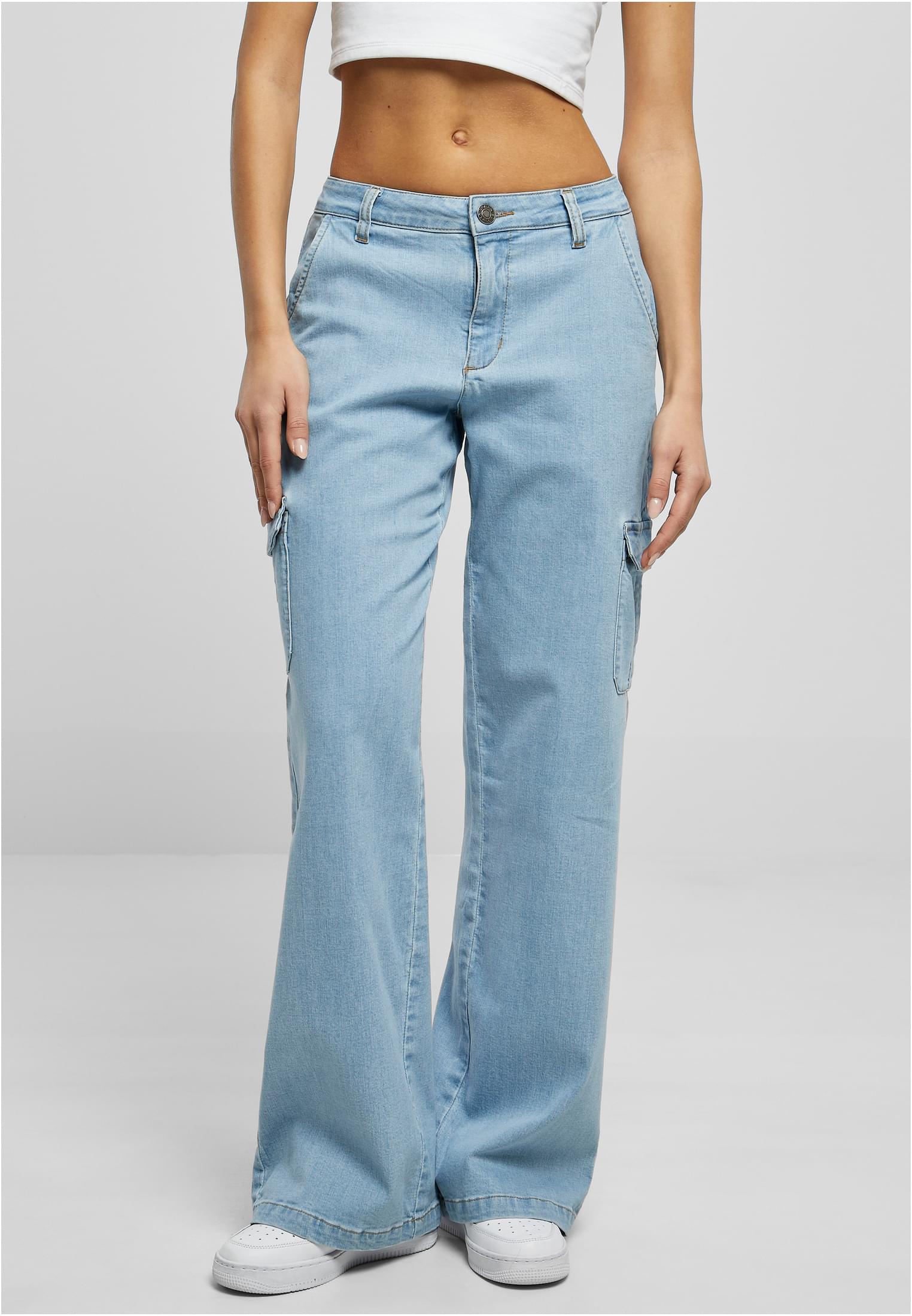 Women&#039;s High Waist Straight Denim Cargo Jeans - Blue