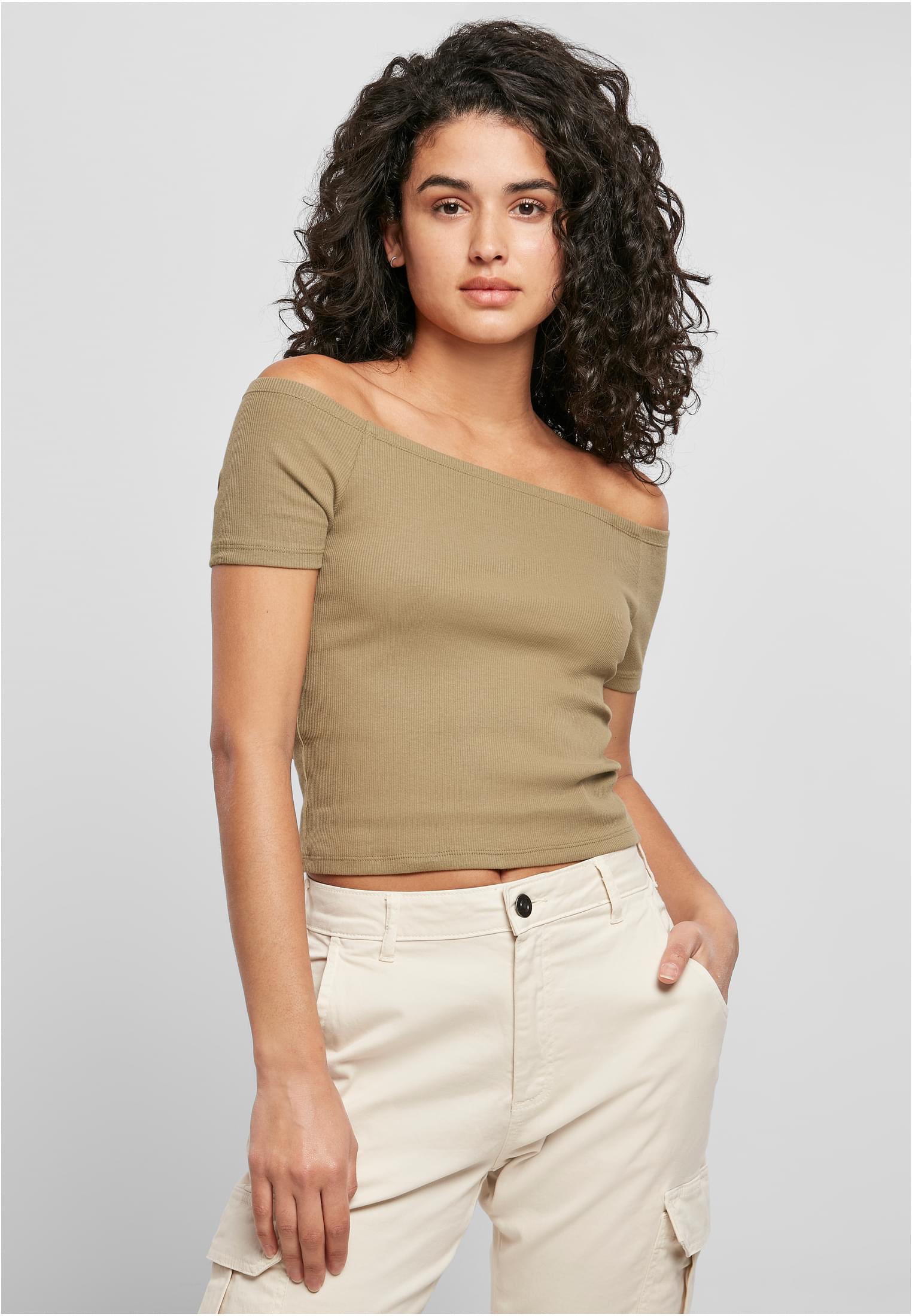 Women's t-shirt in khaki color with a buttoned shoulder
