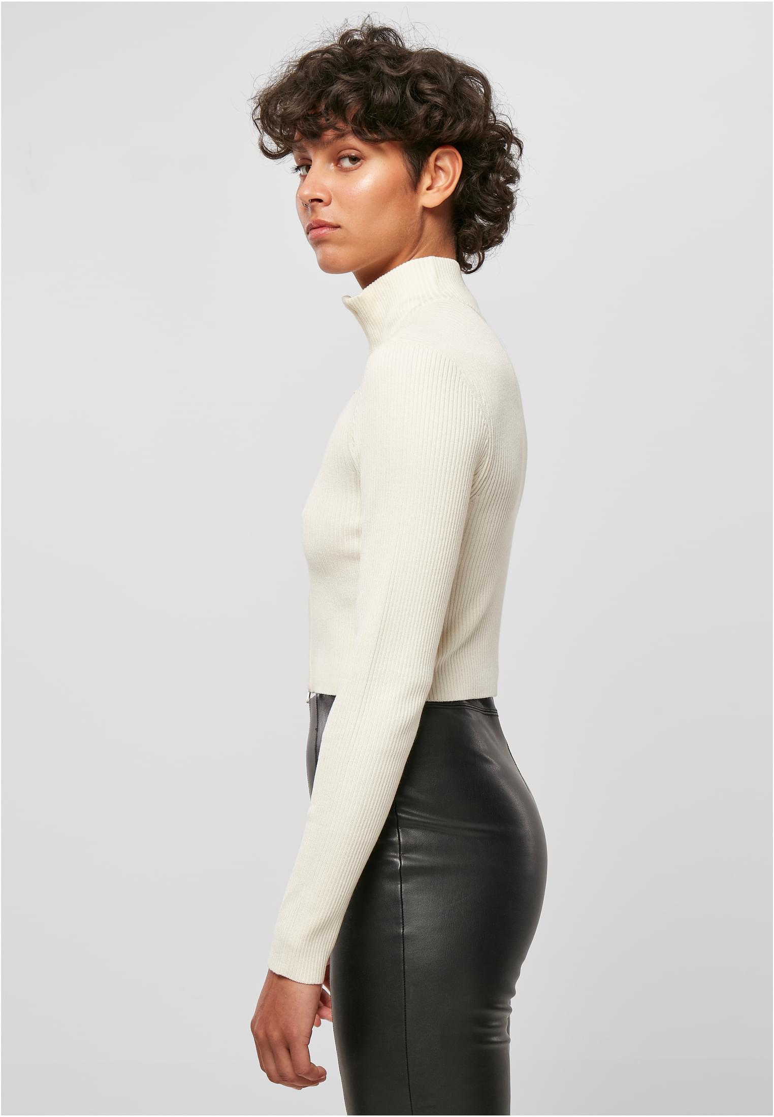 Women's sweater with a zipper with cropped rib knit whitesand