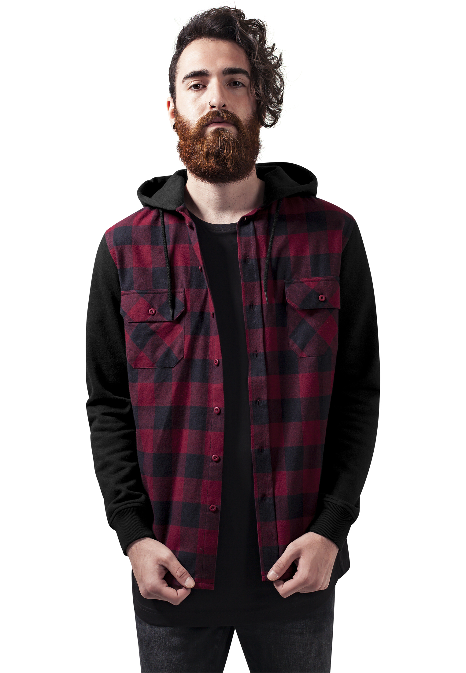Flanell Sweat Sweat Plaid Hooded Shirt blk/burgundy/blk
