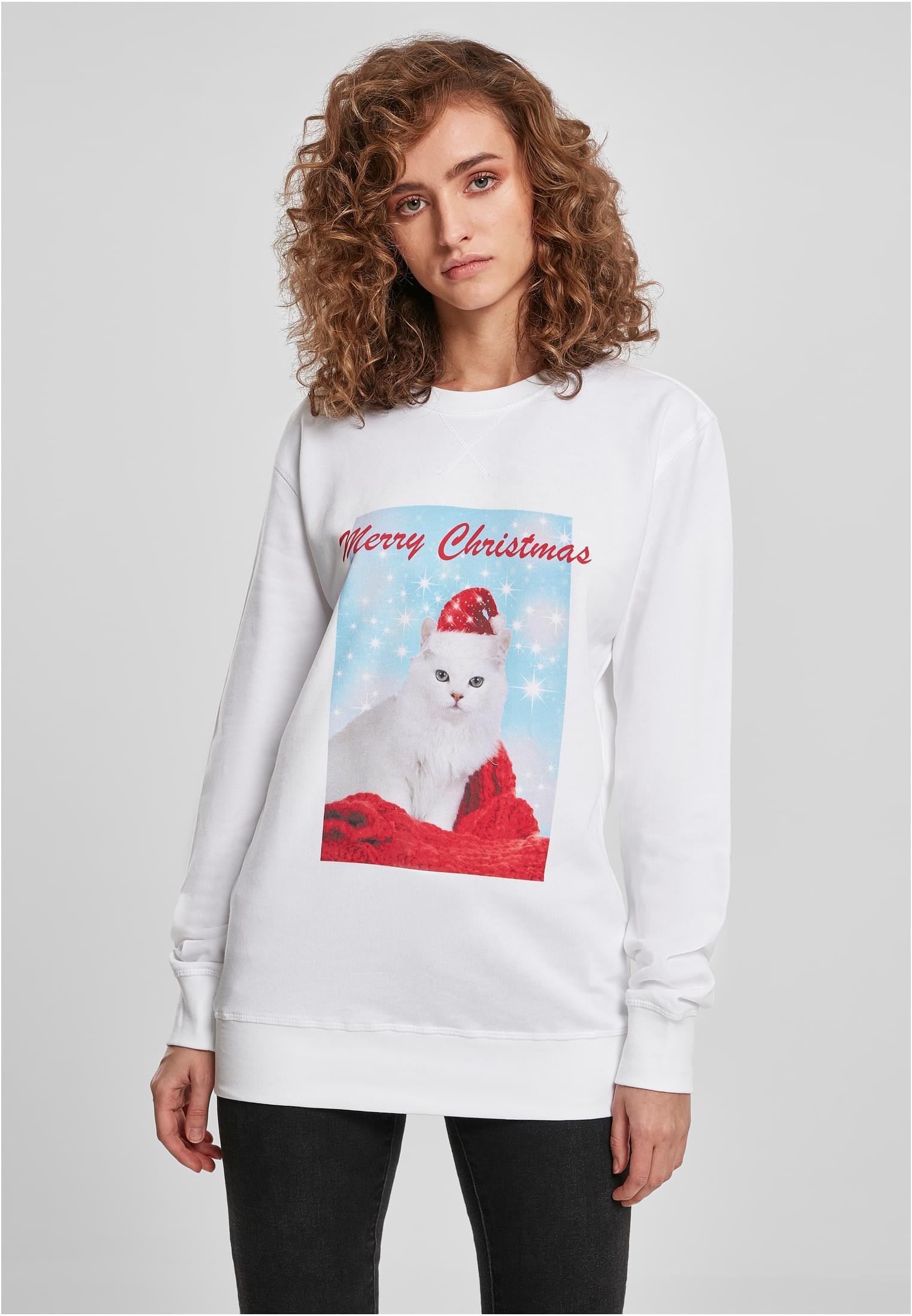 Ladies Merry Christmas Cat Crewneck White