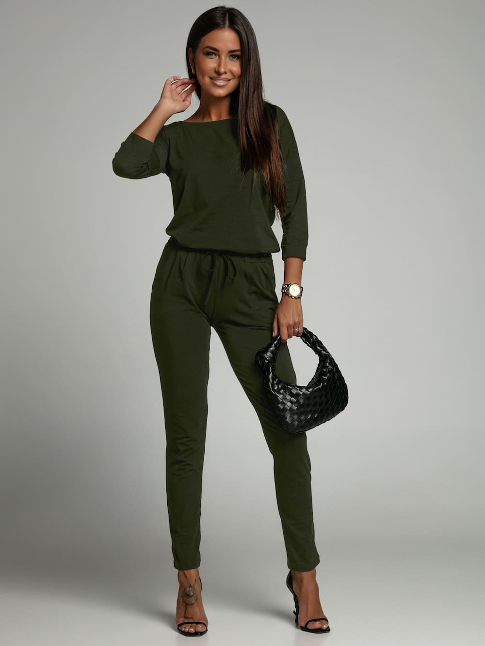 Women's Jumpsuit Fastened At The Back With A Khaki Zipper