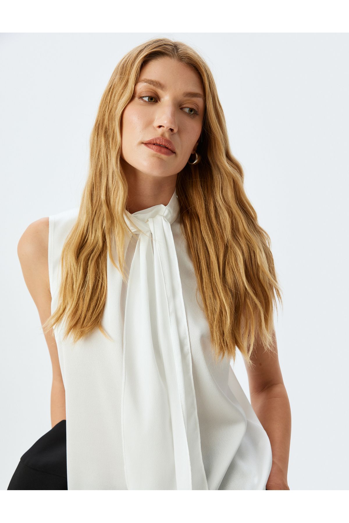 Tied Shawl Collar Sleeveless Satin Blouse