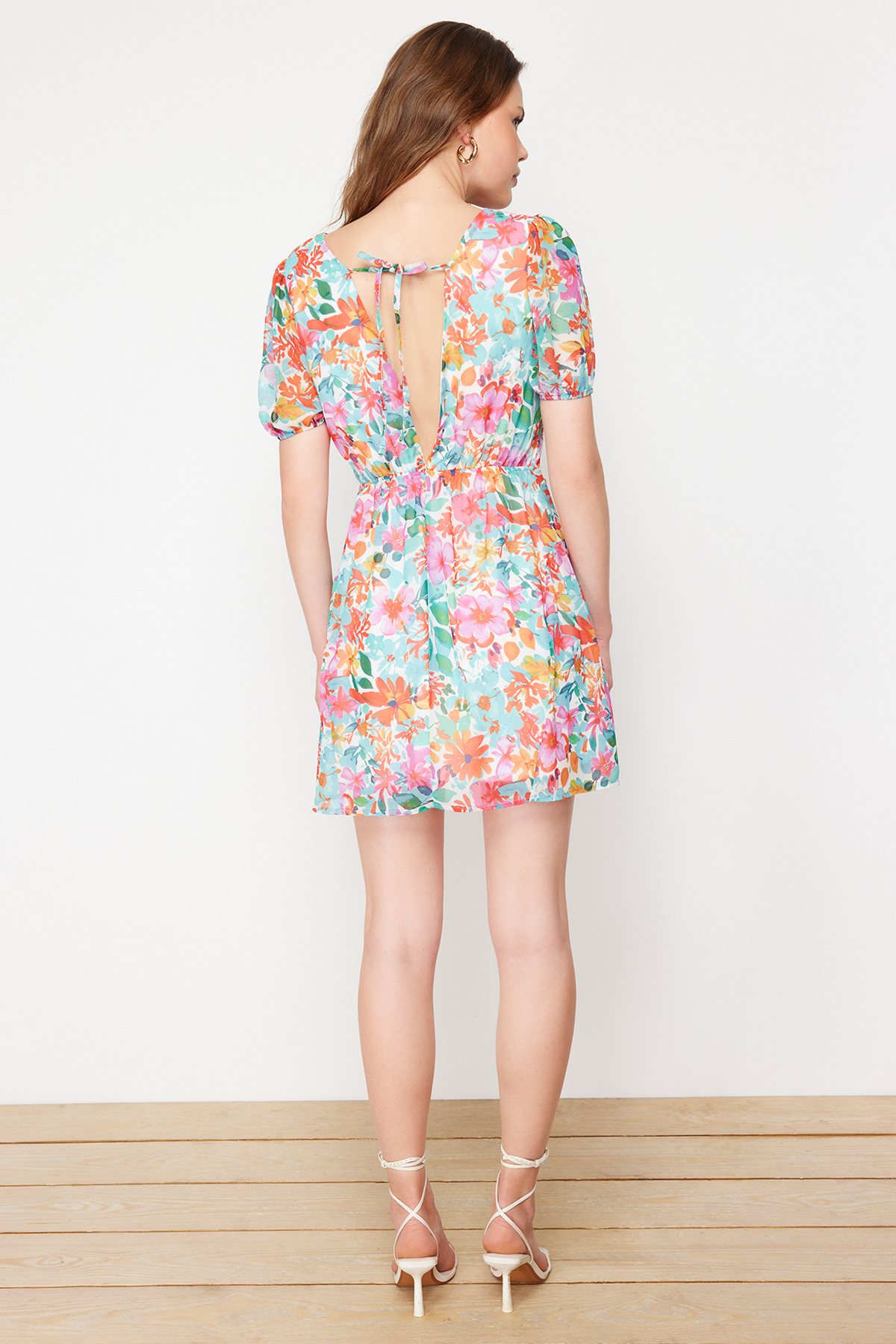 Trendyol Green Patterned Mini Woven Dress with Skater Skirt and Back Detail