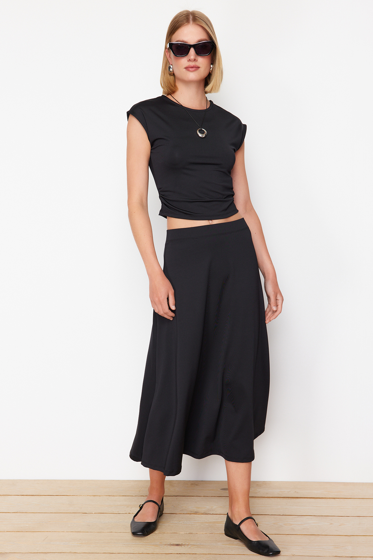 Trendyol Black Gather Detailed Crop Normal Waist Knitted Blouse/Skirt Bottom-Top Set