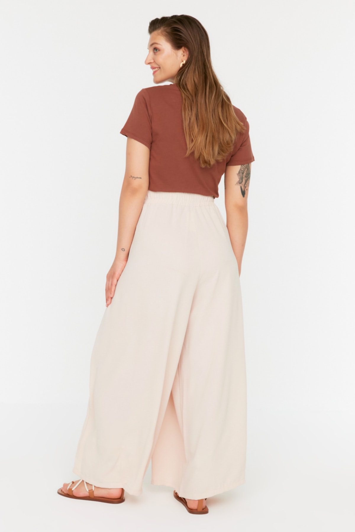 Trendyol Curve Beige Wide Leg Woven Trousers