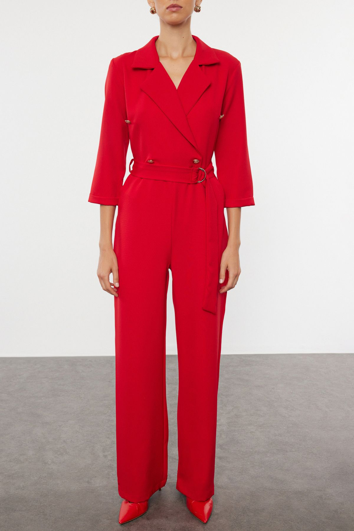 Trendyol Red Belted Double Breasted Long Woven Jumpsuit