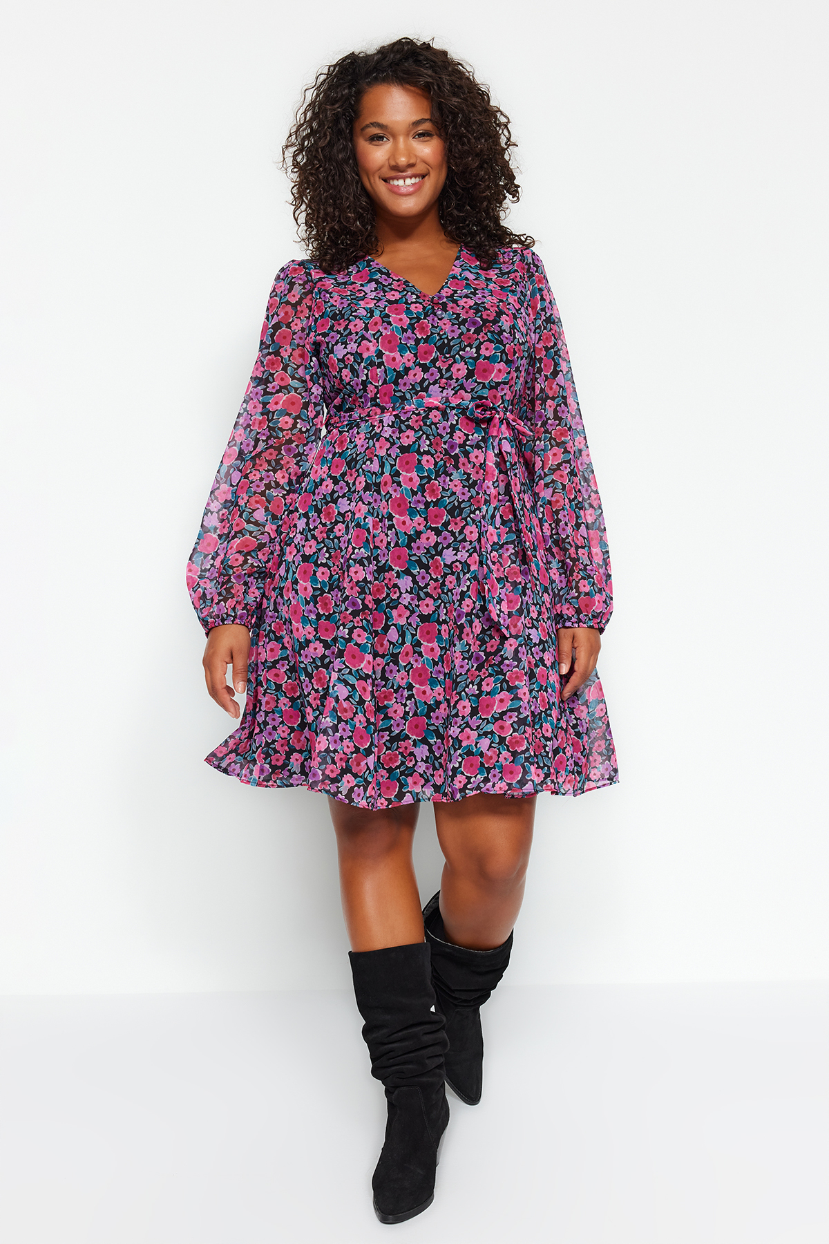 Trendyol Curve Multicolored Floral Belted V-Neck Chiffon Lined Woven Dress