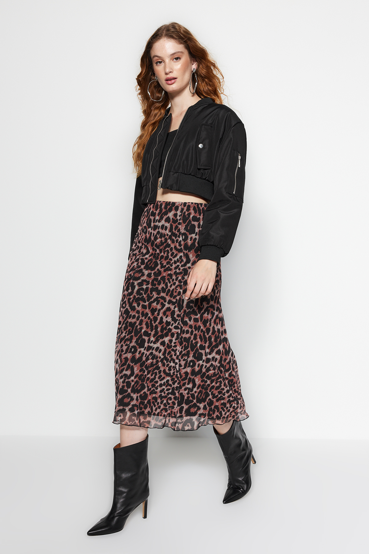 Levně Trendyol Multi-Colored Leopard Print Lined Tulle A-Line/Awning A-Line Formal Midi Skirt