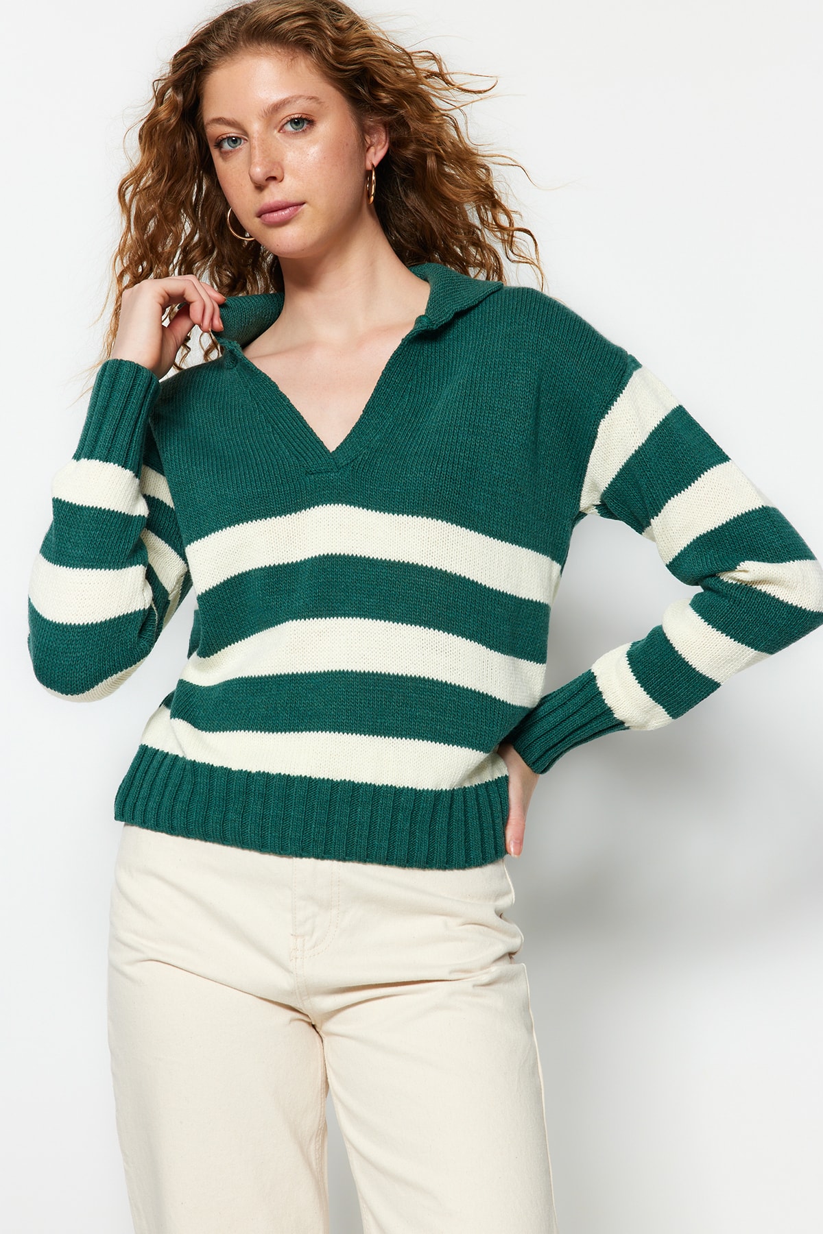 Trendyol Green Wool Striped Knitwear Sweater