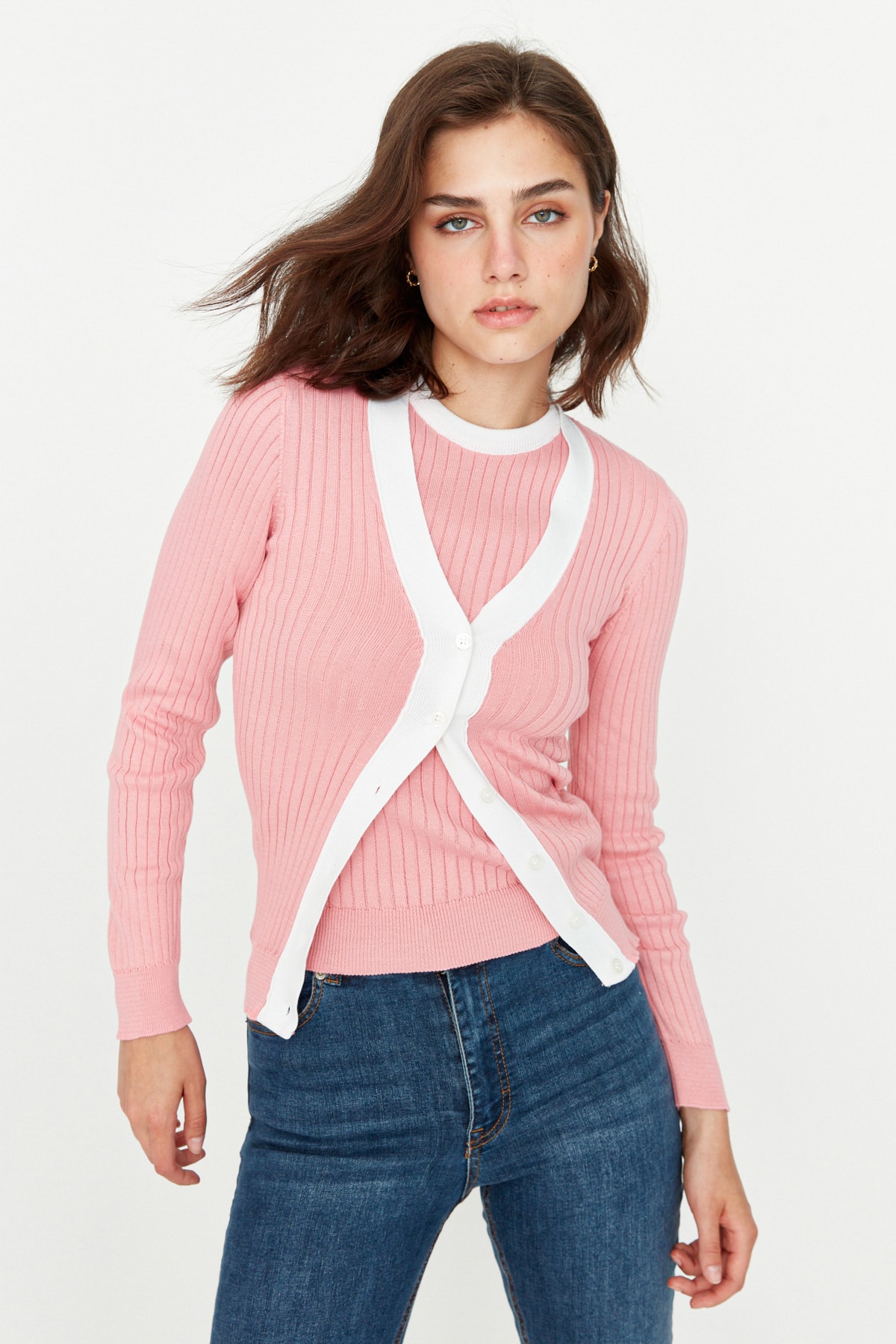 Trendyol Pink Blouse- Cardigan Button Detailed Knitwear Suit