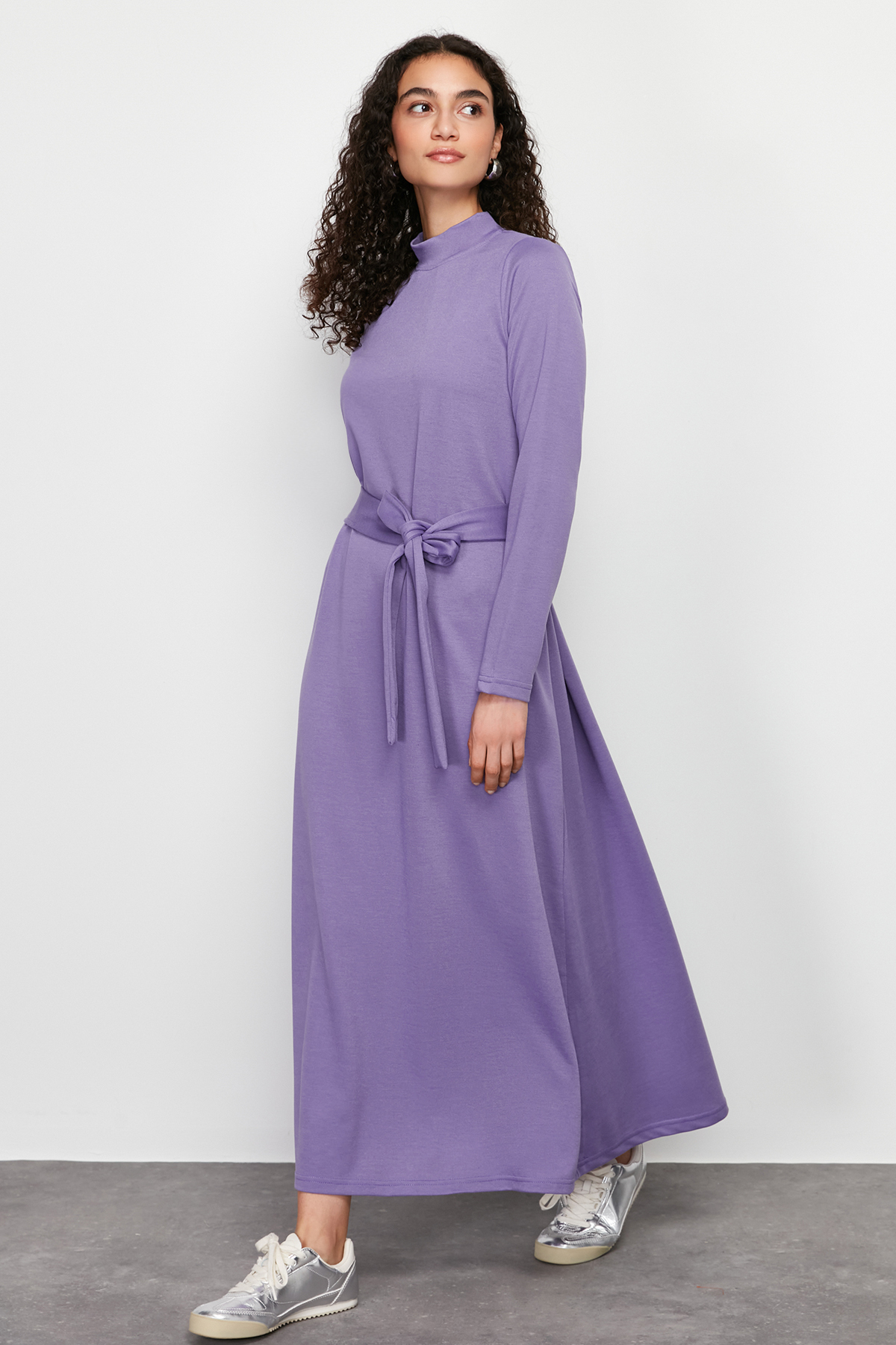Trendyol Lilac Belted Stand Collar Knitted Dress