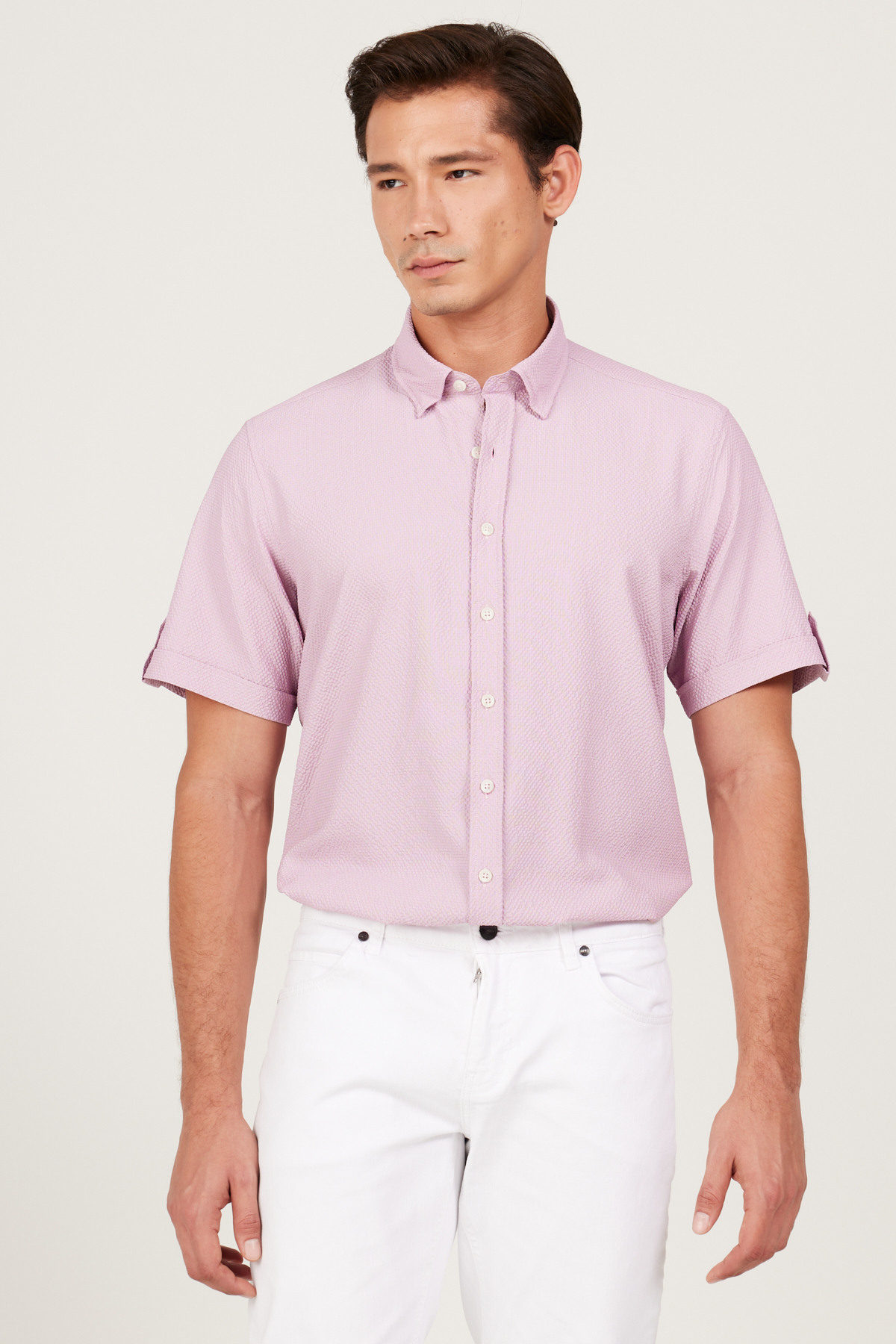 Levně AC&Co / Altınyıldız Classics Men's Lilac Slim Fit Slim Fit Shirt with Hidden Buttons and Short Sleeves.