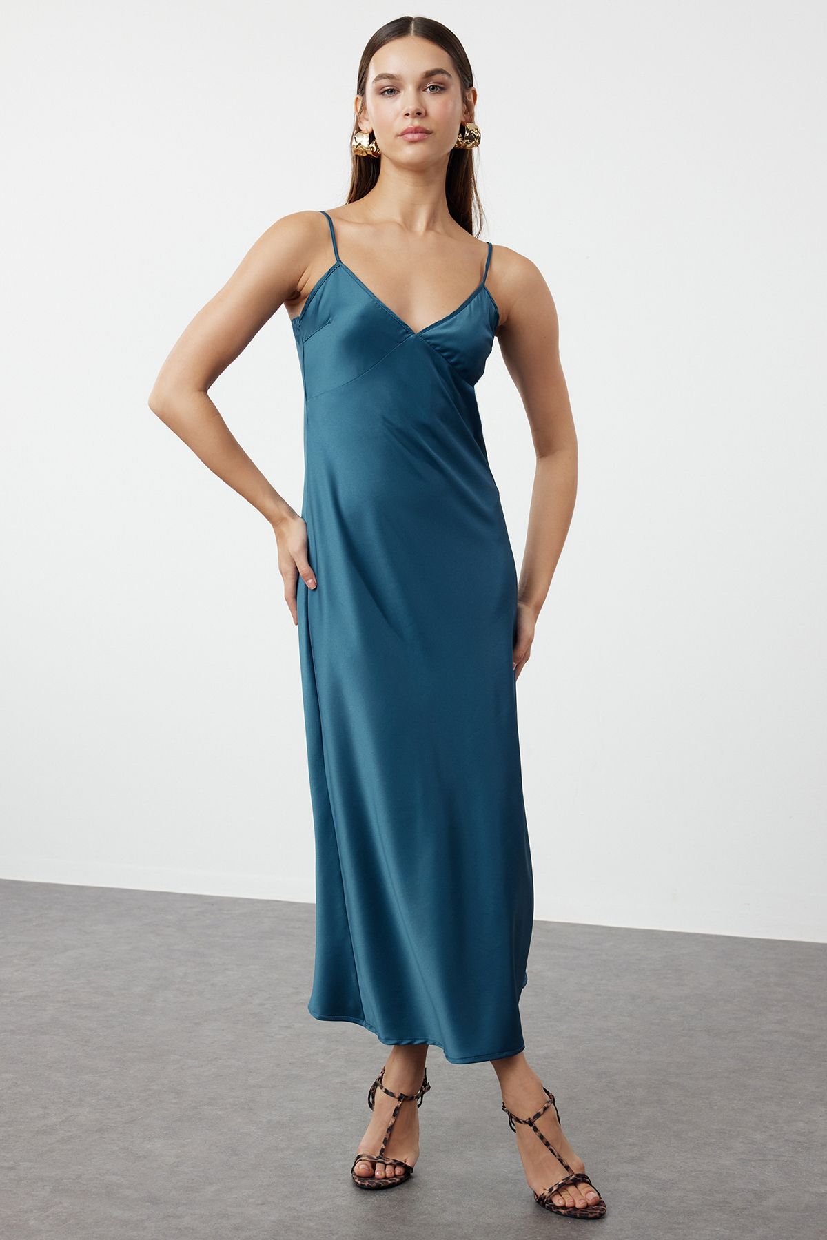 Trendyol Oil Straight Cut Strappy Midi Satin Woven Dress