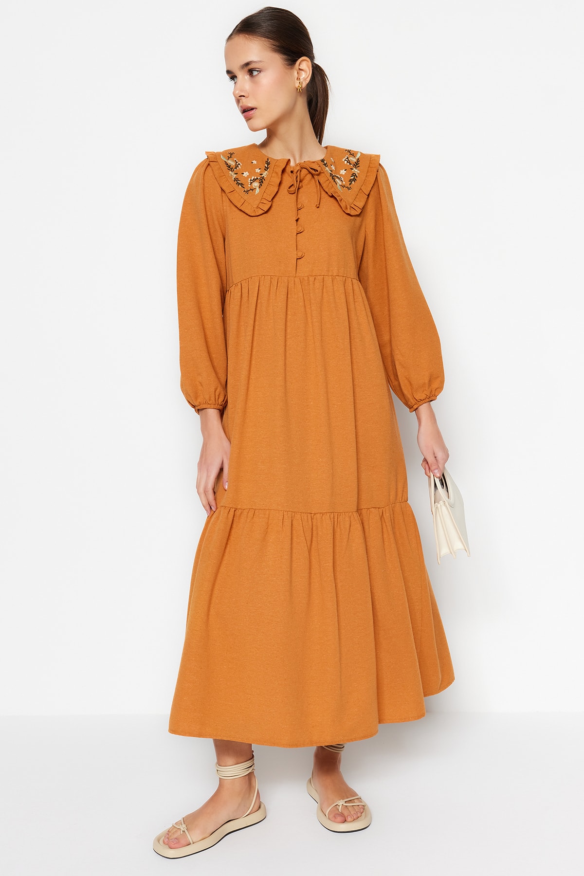 Trendyol Cinnamon Embroidery Detailed Linen Look Woven Dress