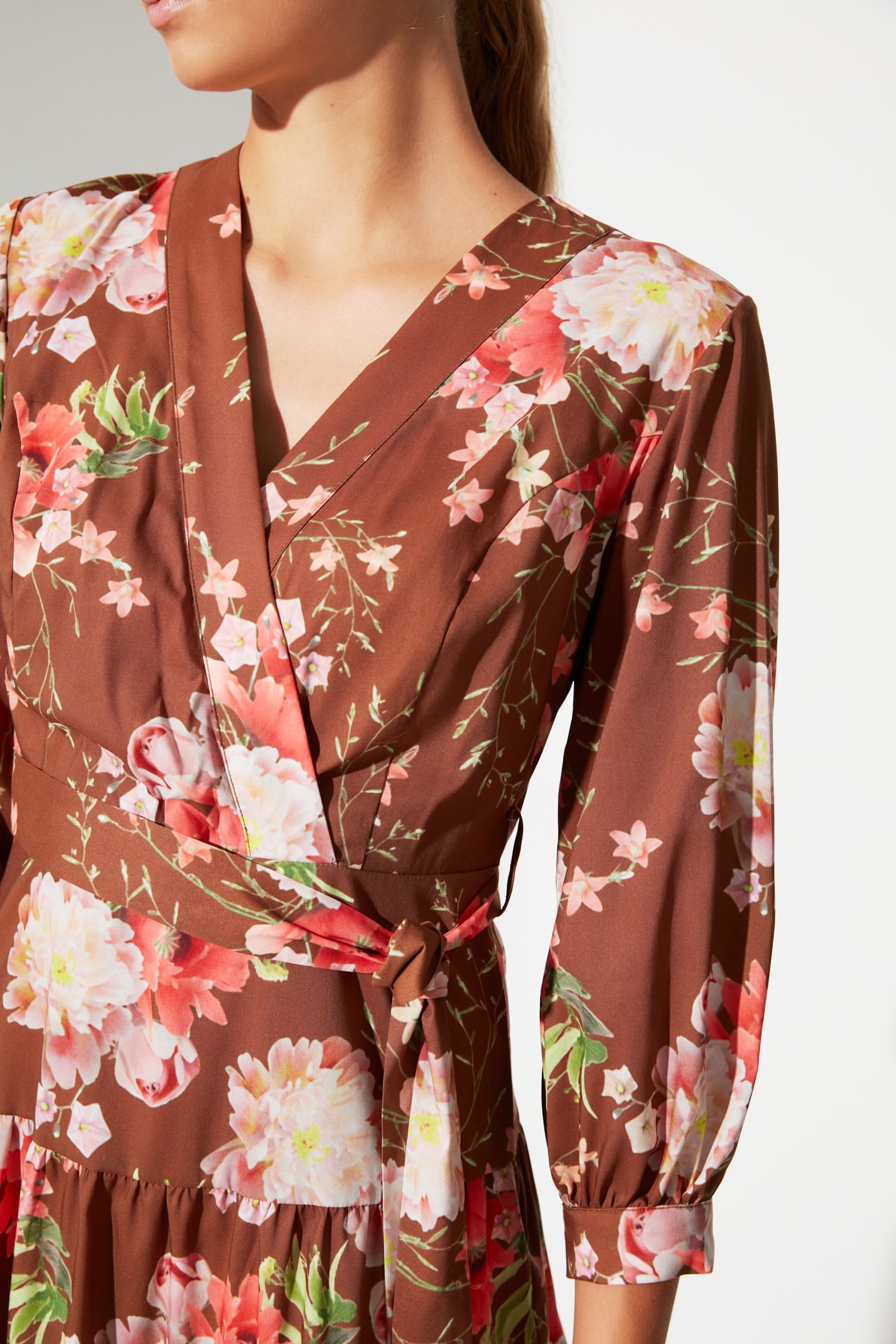 Trendyol Brown Belted Patterned Dress
