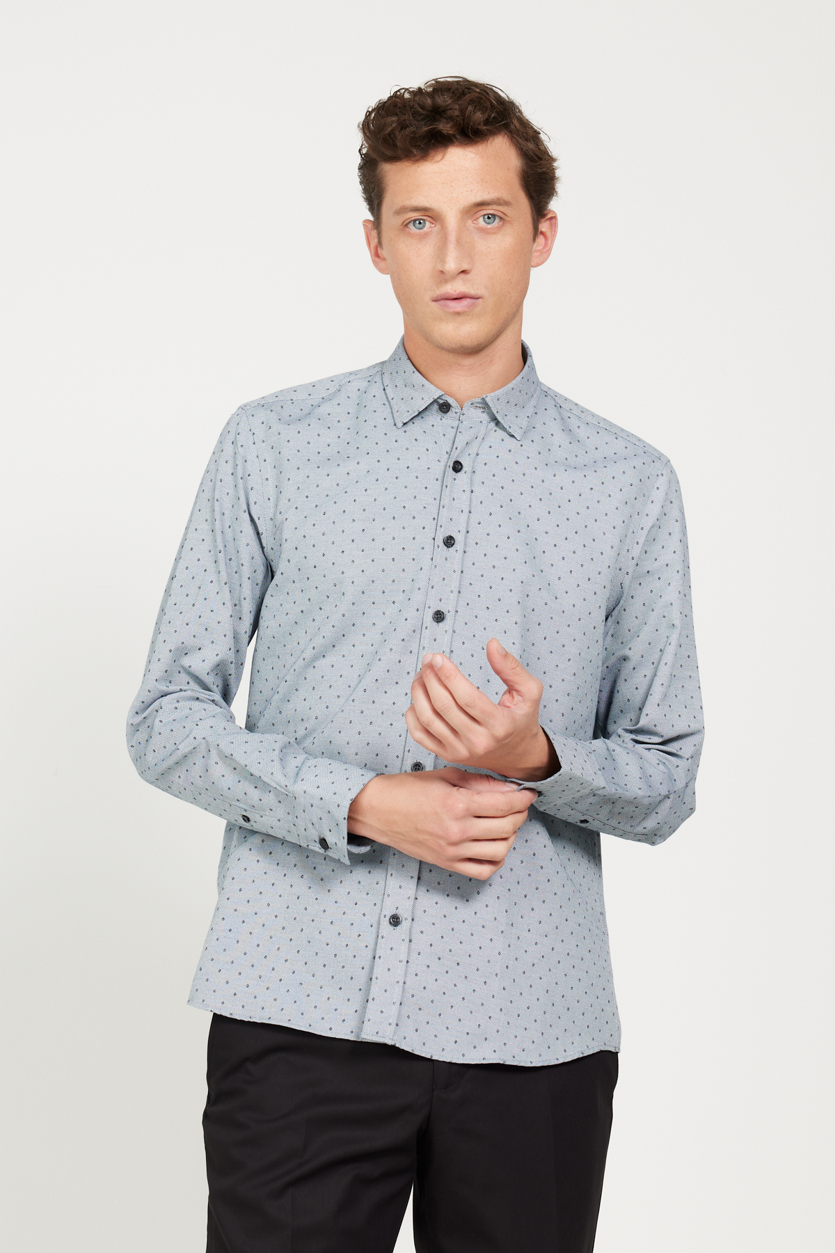 ALTINYILDIZ CLASSICS Men's Grey-White Slim Fit Slim Fit Hidden Button Collar Cotton Shirt