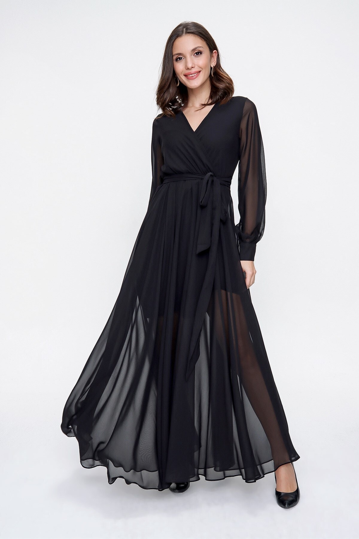 Levně By Saygı Double Breasted Neck Long Sleeve Lined Chiffon Long Dress Black