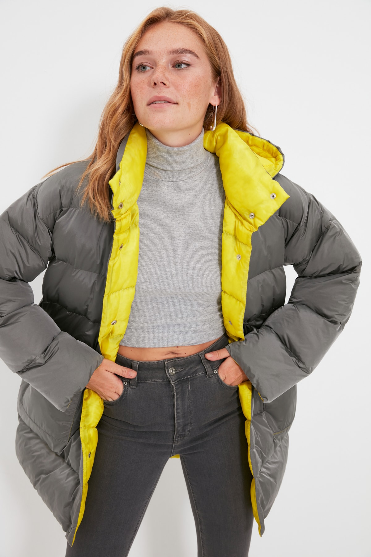 Levně Trendyol Gray Oversized Hooded Yellow Lined Puffy Coat