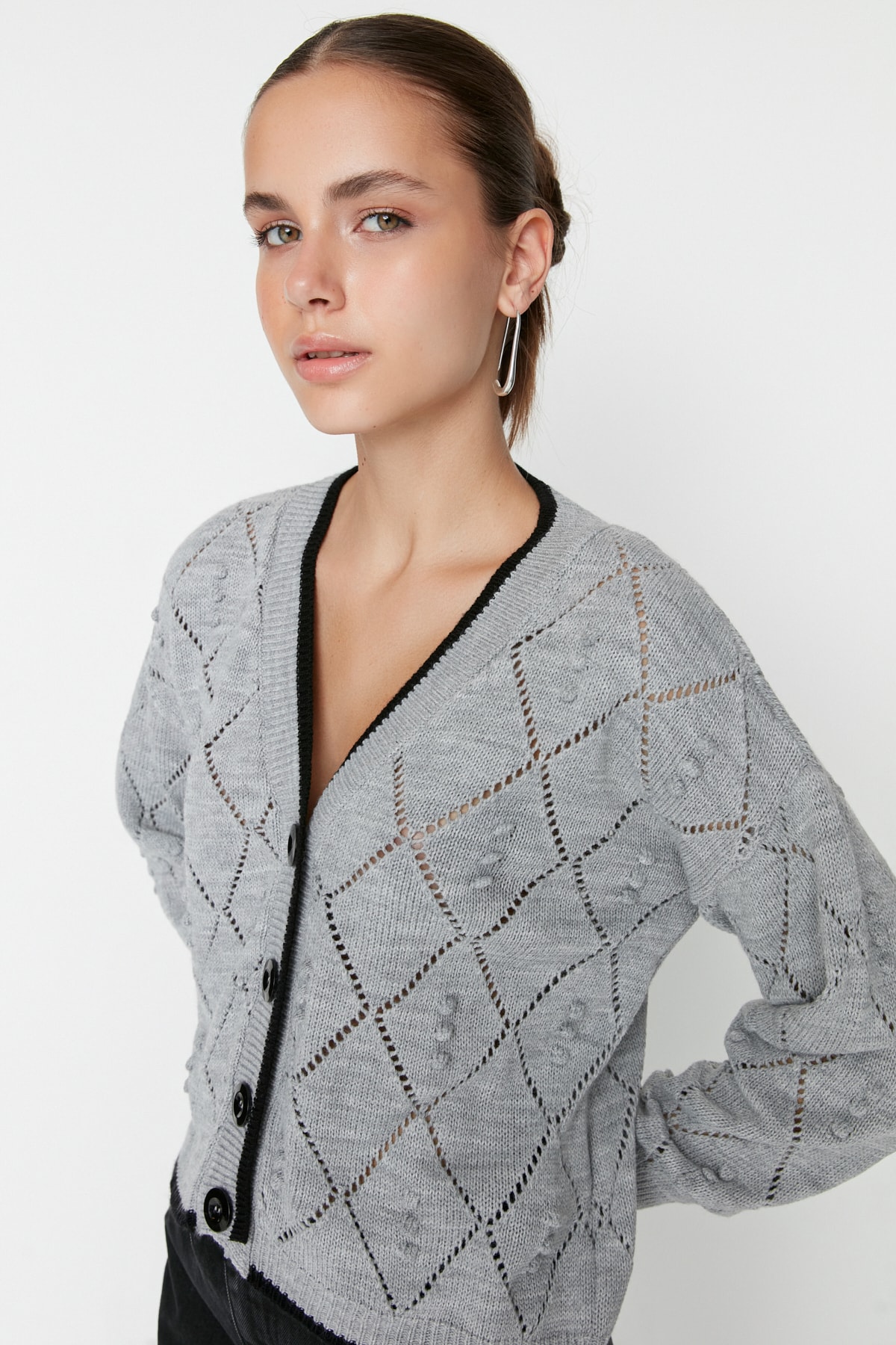 Trendyol Gray Openwork Knitwear Cardigan 