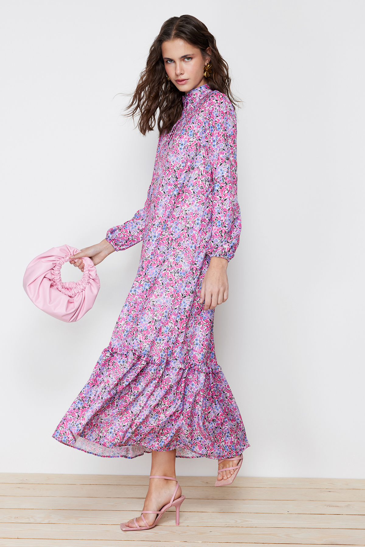 Trendyol Purple Floral Pattern Ruffle Detail Woven Dress