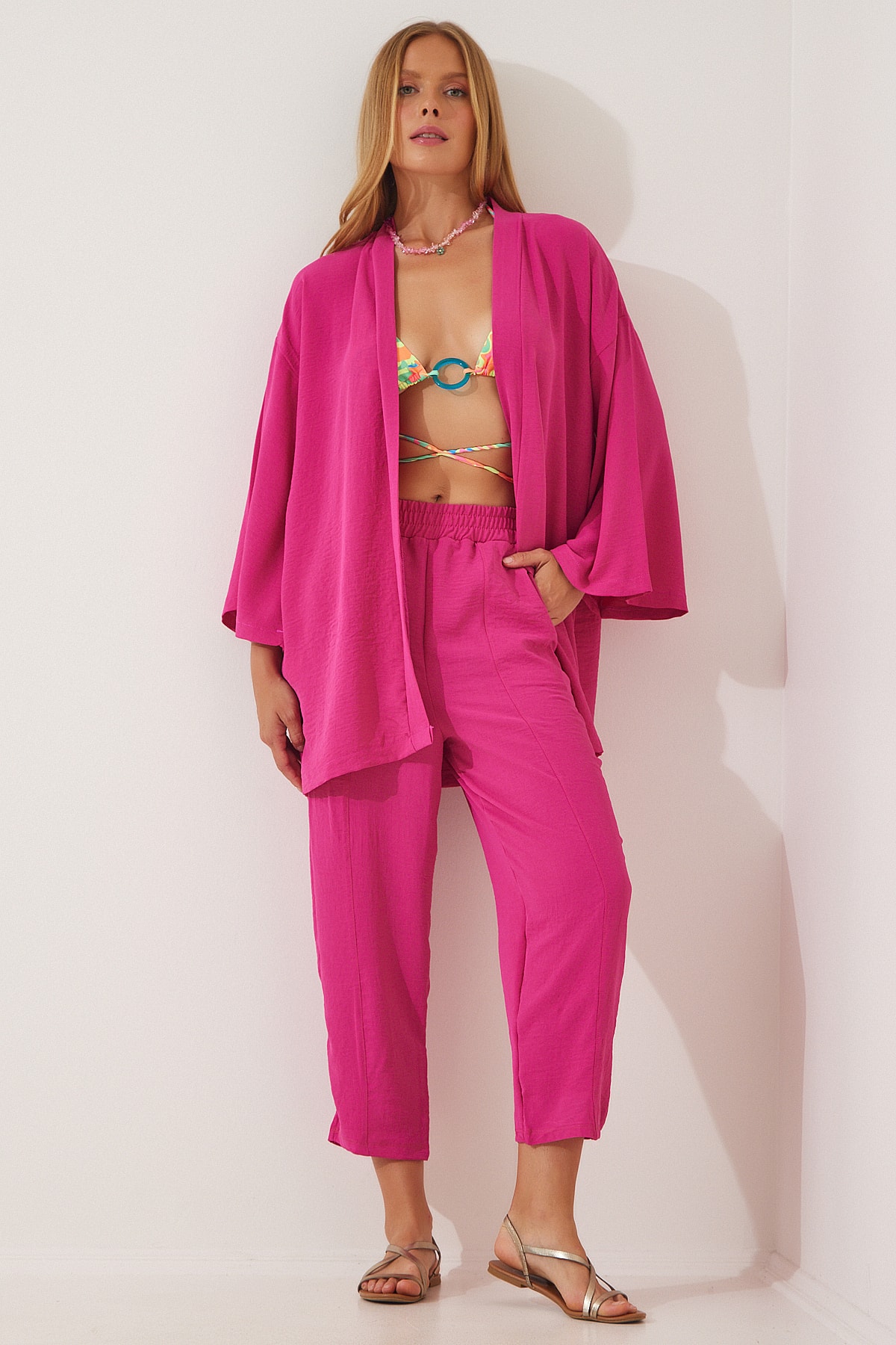 Levně Happiness İstanbul Women's Dark Pink Kimono Pants Suit
